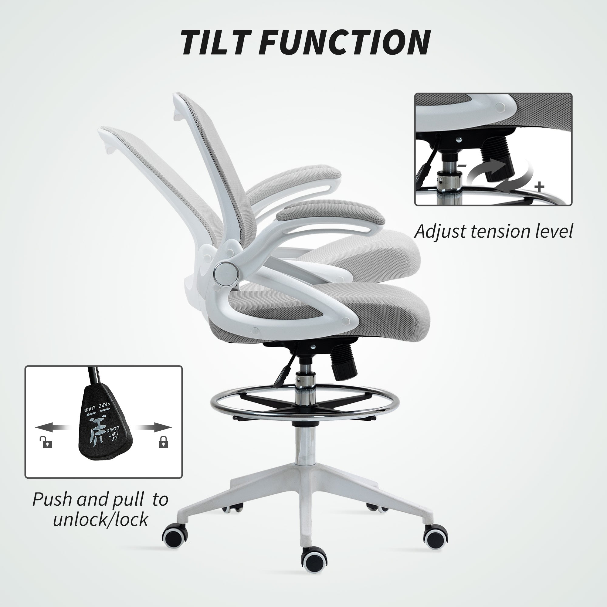 Vinsetto Drafting Chair with Flip-up Armrest, Mesh Office Stool with Foot Ring, 360° Swivel Height Adjustable Chair for Standing Desk, Light Grey - anydaydirect