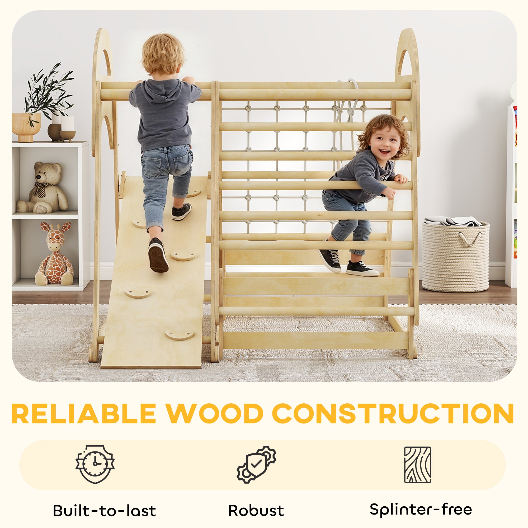 AIYAPLAY 6 in 1 Kids Climbing Frame with Slide, Monkey Bars, Gymnastics Rings, Ladder, Climbing Net, for 3-6 Years, Natural Tone - anydaydirect