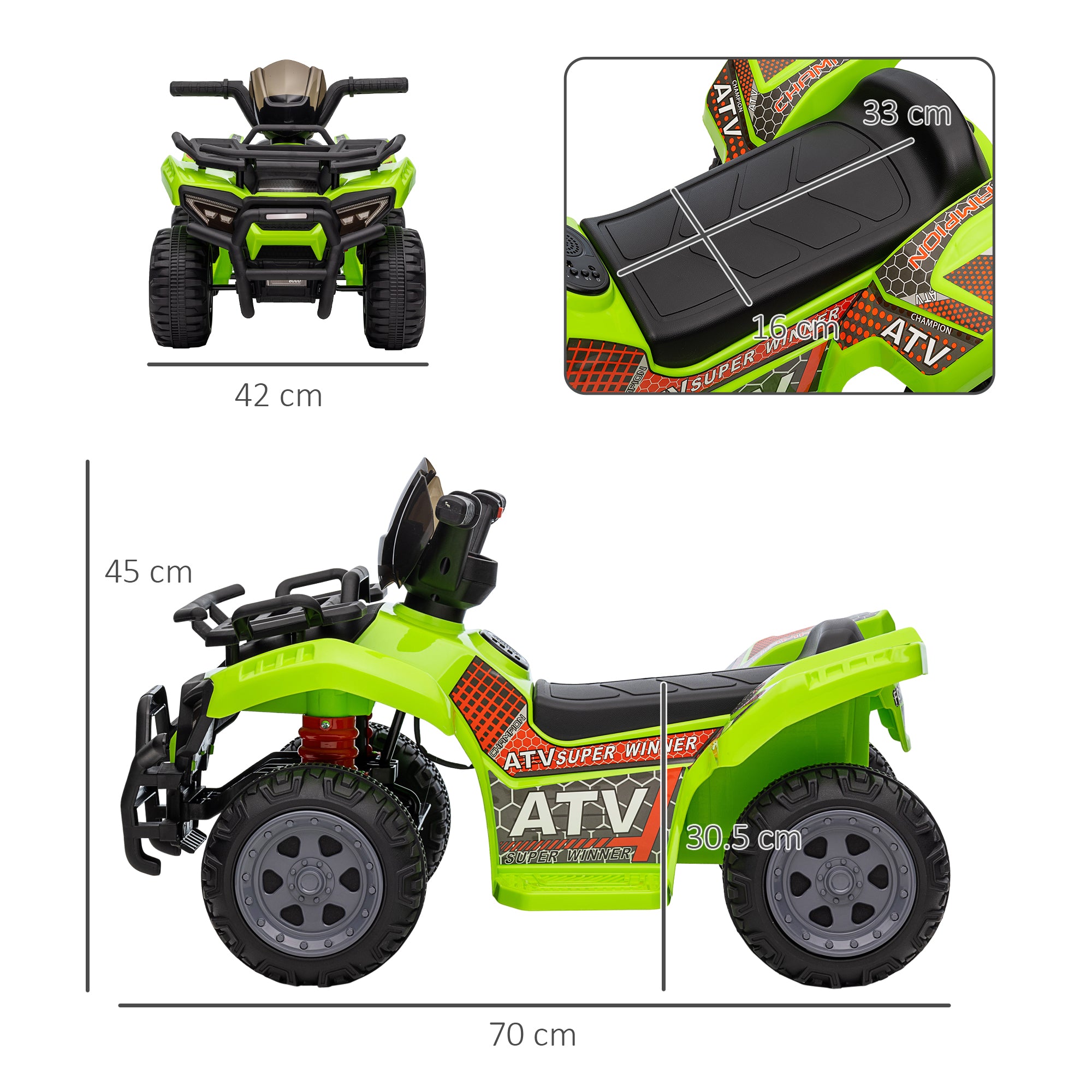 HOMCOM Kids Ride-on Four Wheeler ATV Car with Real Working Headlights, 6V Battery Powered Motorcycle for 18-36 Months, Green - anydaydirect