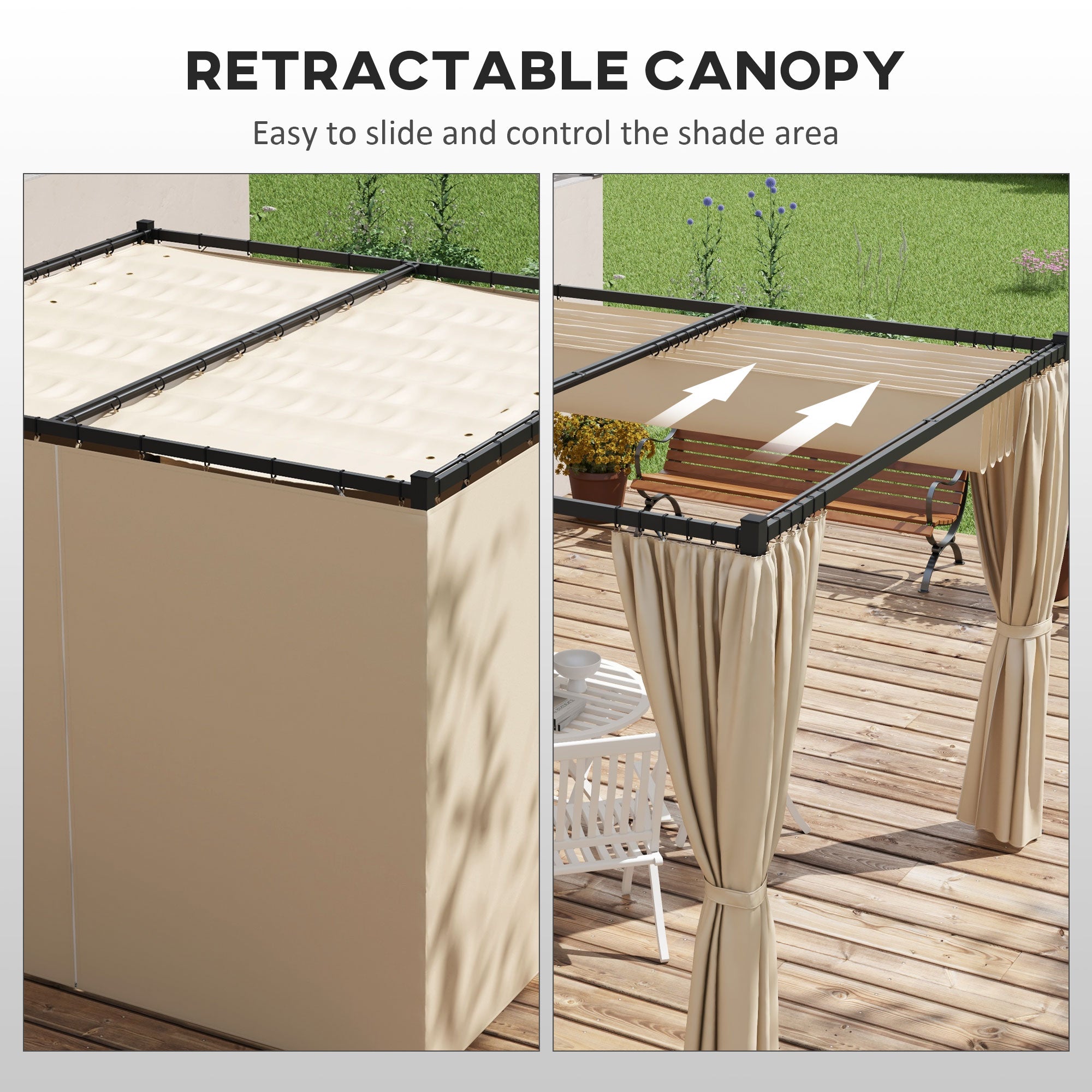 Outsunny 3 x 3(m) Retractable Pergola, Garden Gazebo Shelter with Curtains, for Grill, Patio, Deck, Beige - anydaydirect
