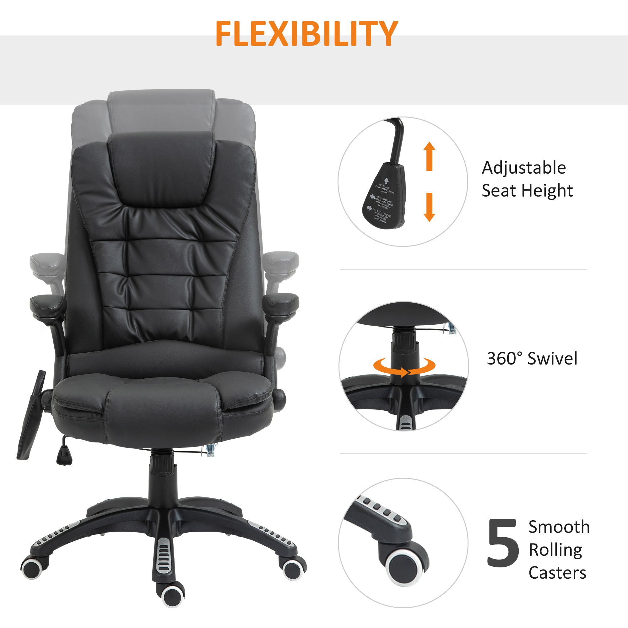 HOMCOM Executive Office Chair with Massage and Heat, High Back PU Leather Massage Office Chair with Adjustable Height, Black - anydaydirect