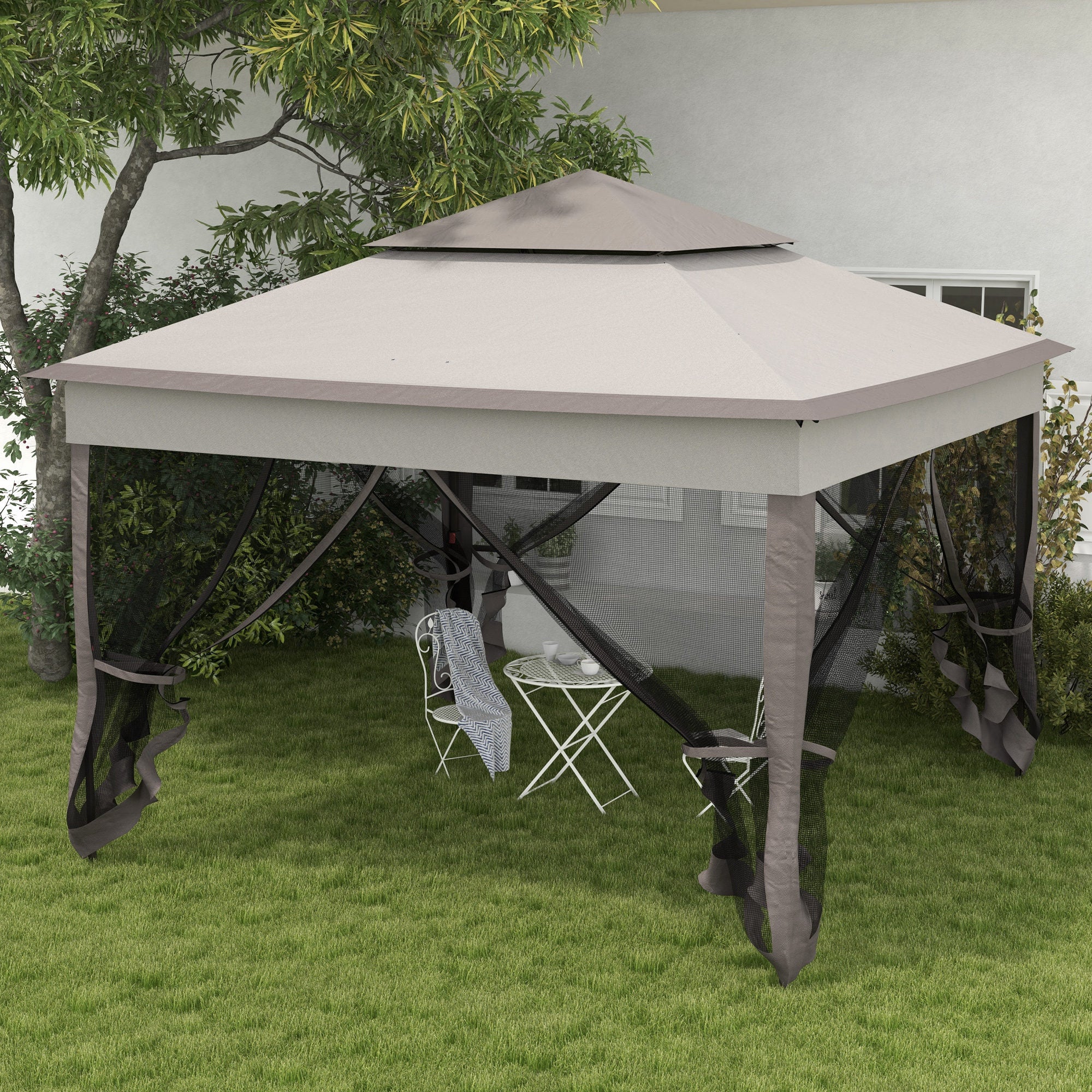 Outsunny 3.25 x 3.25m Deluxe Metal Gazebo, with Curtains - Brown and Grey - anydaydirect