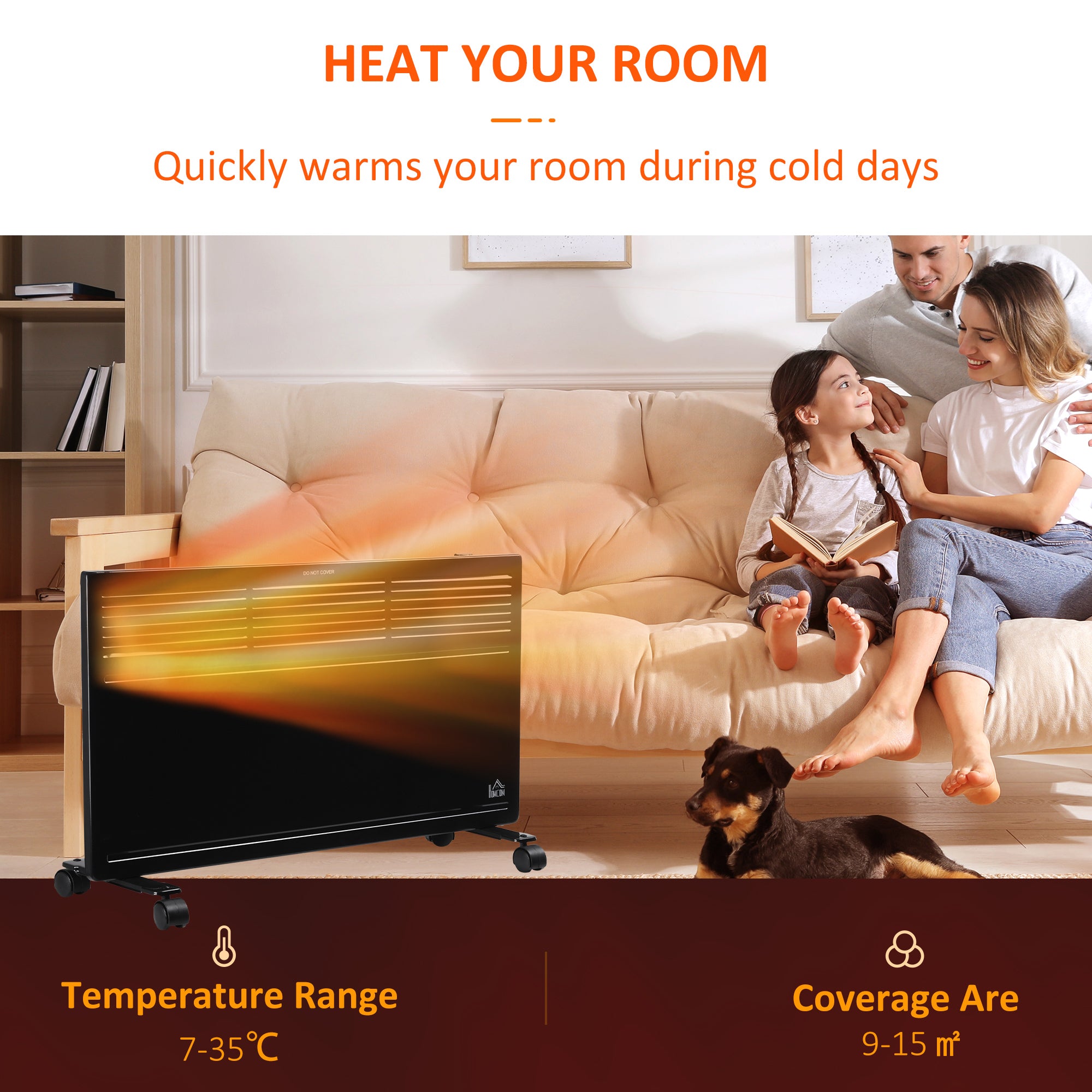 HOMCOM POWER Convector Radiator Freestanding or Wall-mounted Heating with 2 Heat Settings Safety Cut-Off, Black - anydaydirect