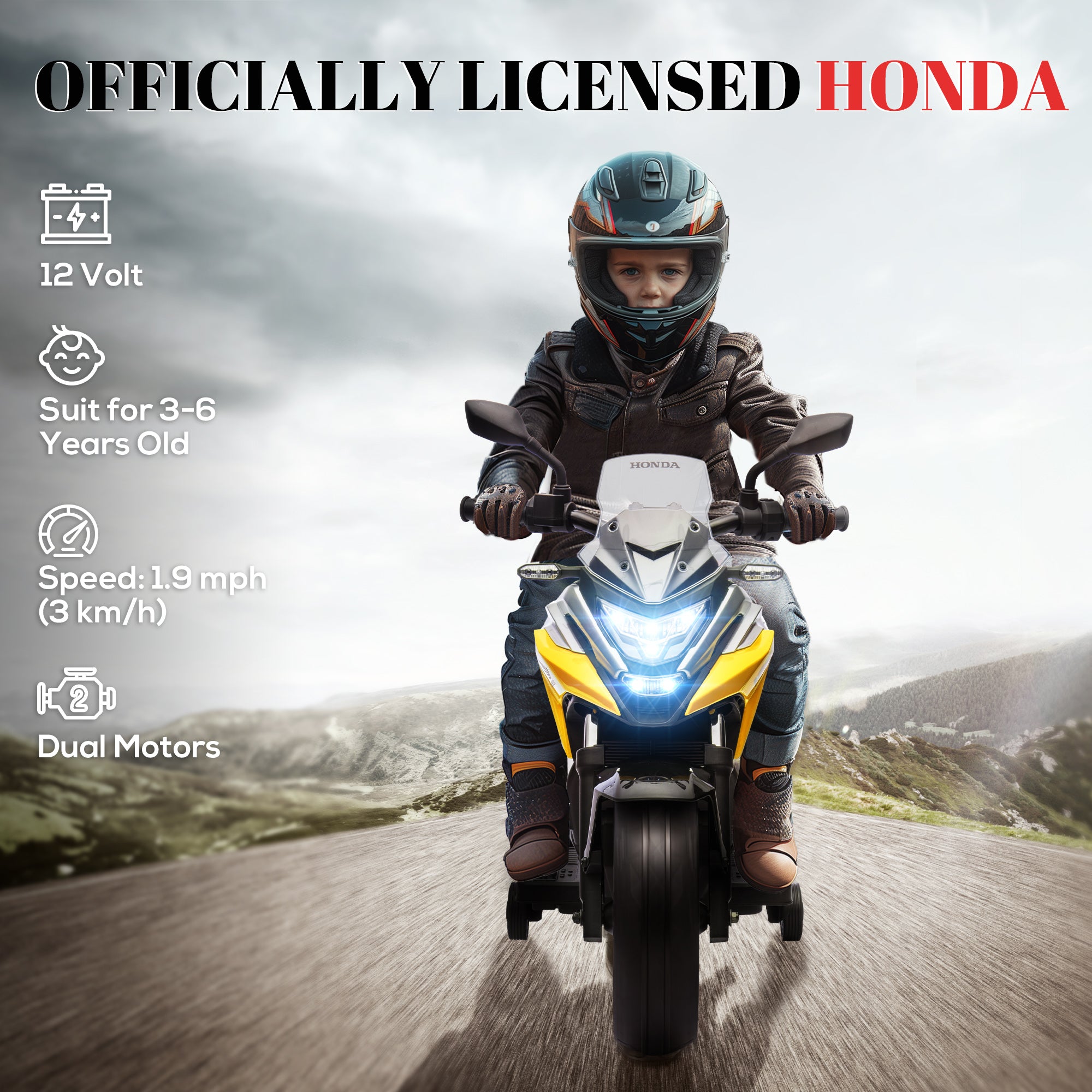 AIYAPLAY 12V Honda Licensed Kids Electric Motorbike w/ Music, Headlights, Early Education Function, for 3-6 Years - Yellow - anydaydirect