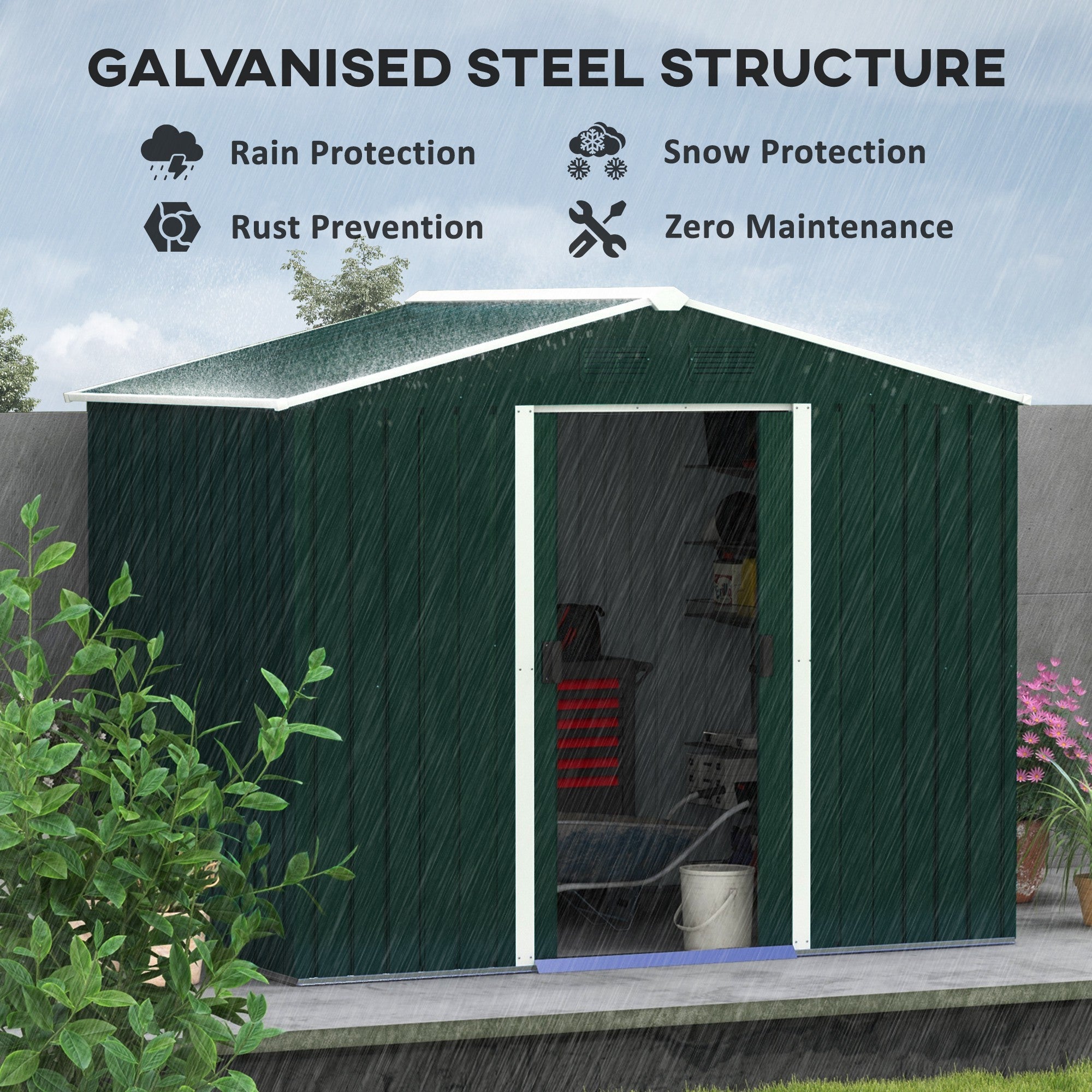 Outsunny 8 x 6 ft Metal Garden Storage Shed Corrugated Steel Roofed Tool Box with Ventilation and Sliding Doors, Green - anydaydirect