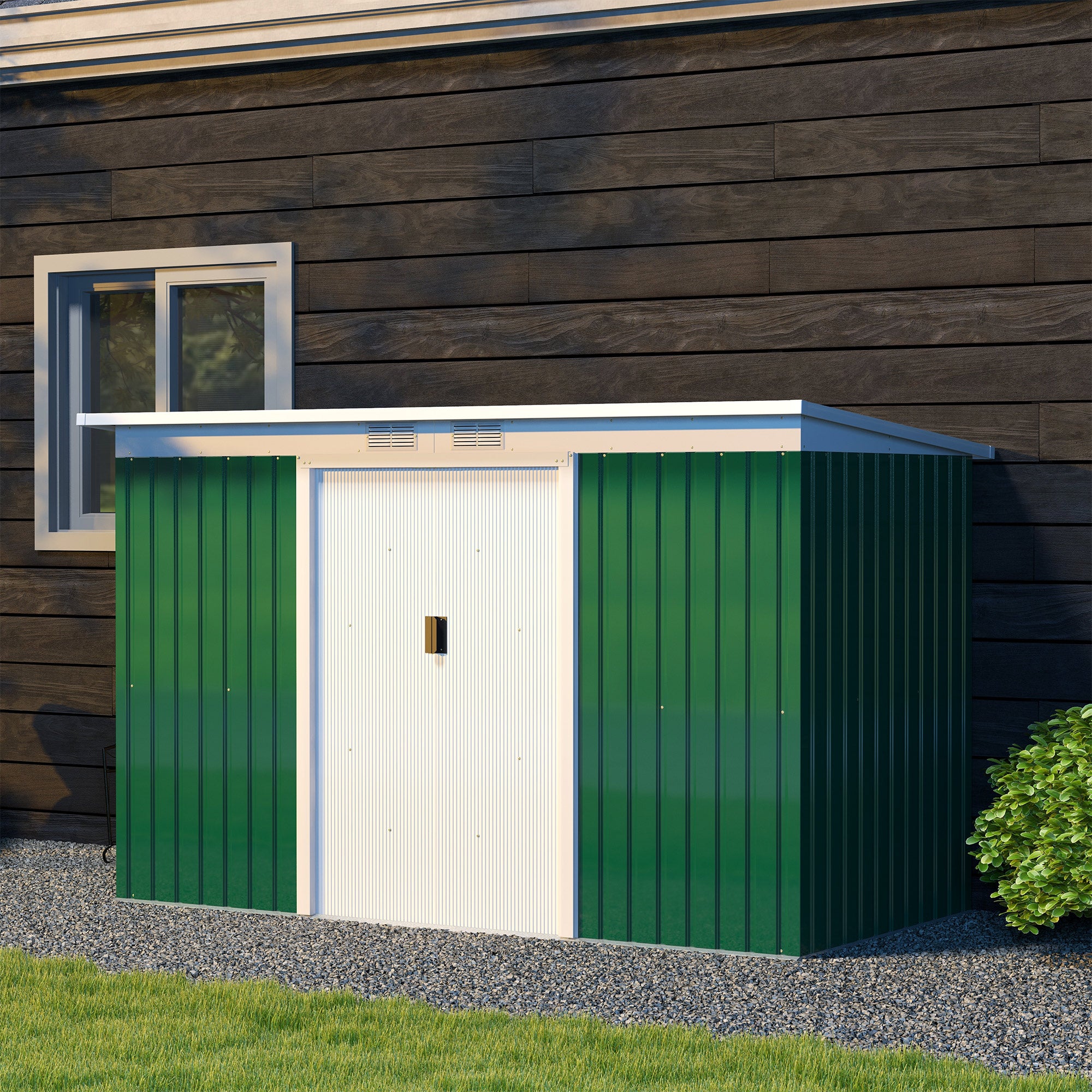 Outsunny 9ft x 4.25ft Corrugated Garden Metal Storage Shed Outdoor Equipment Tool Box with Foundation Ventilation & Doors Deep Green - anydaydirect