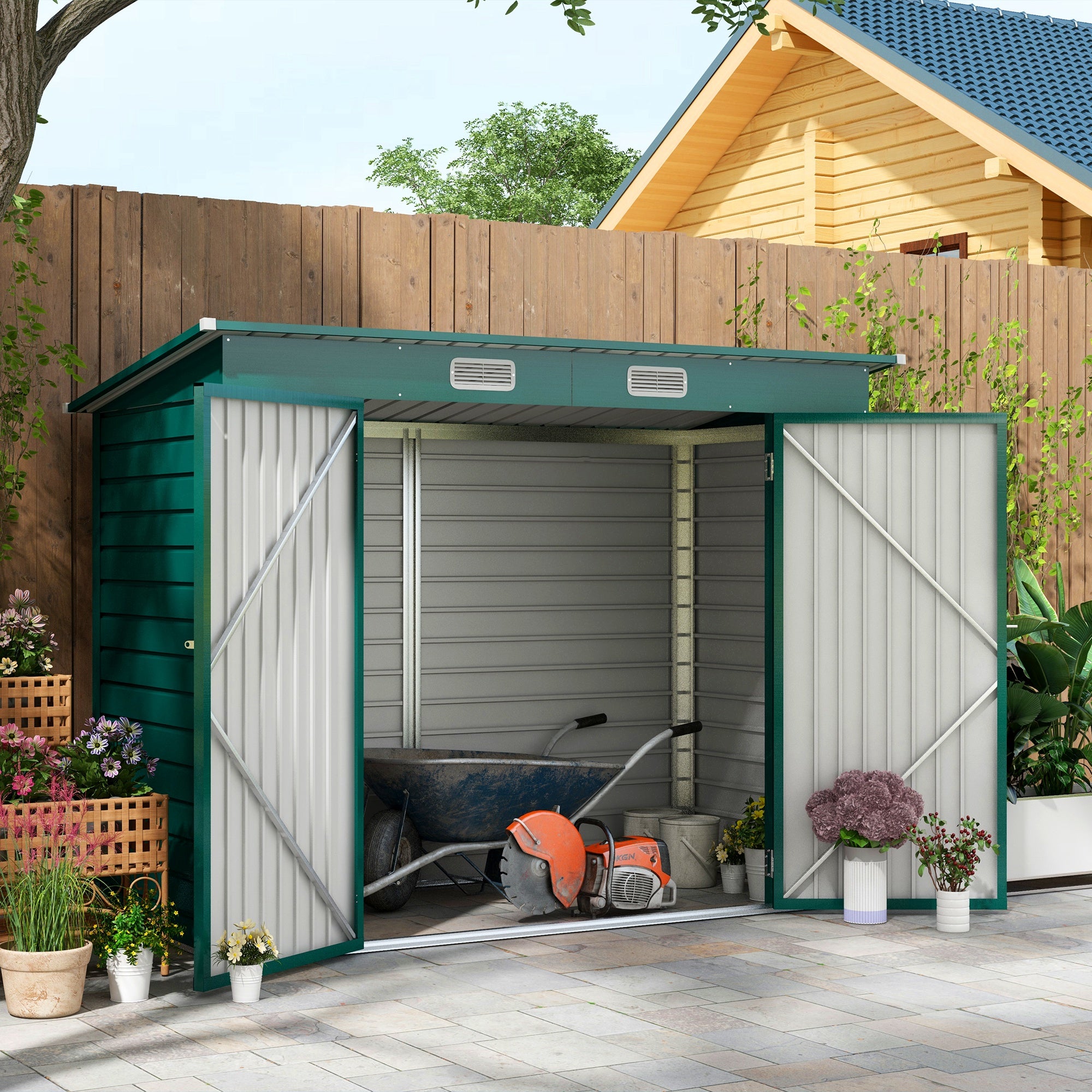 Outsunny 8 x 4FT Galvanised Garden Storage Shed, Metal Outdoor Shed with Double Doors and 2 Vents, Green - anydaydirect