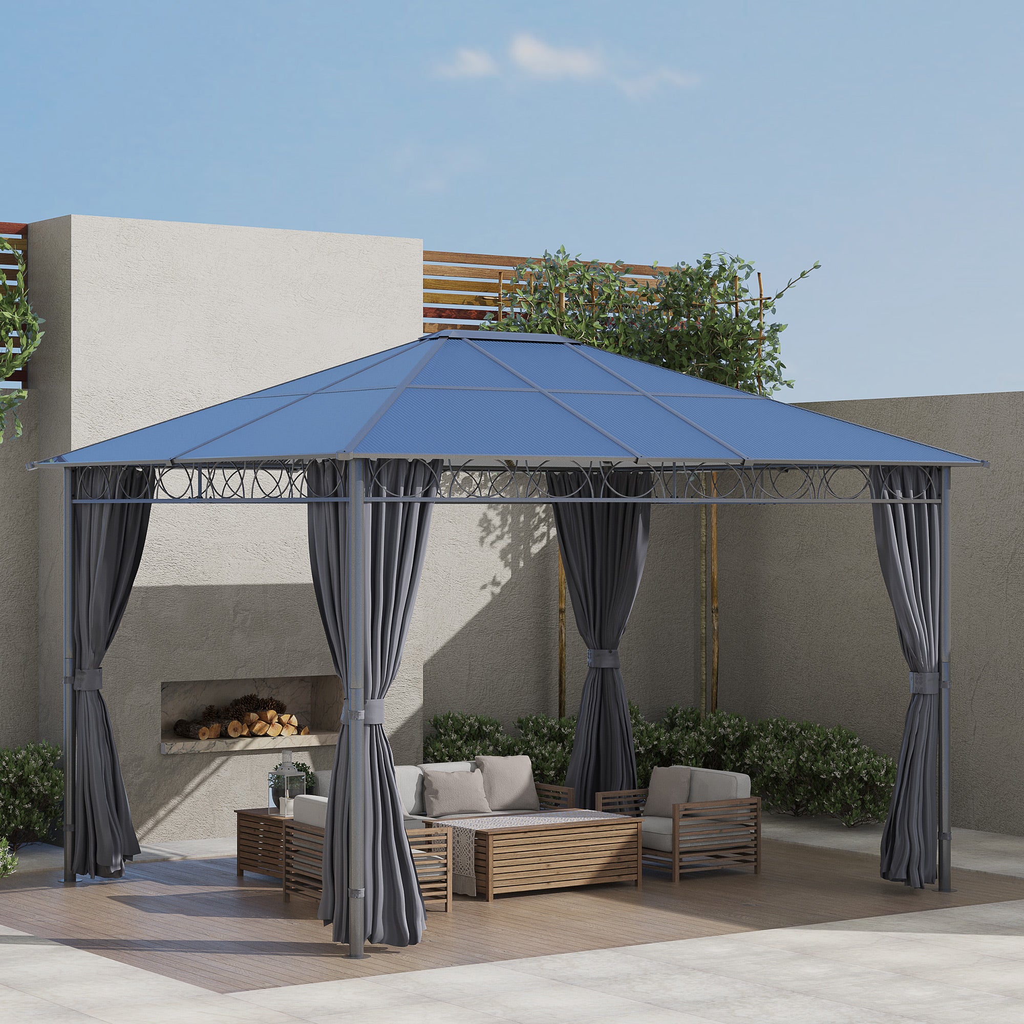 Outsunny 3 x 3.6m Hardtop Gazebo Canopy with Polycarbonate Roof, Permanent Pavilion Garden Gazebo with Curtains for Patio, Deck, Grey - anydaydirect