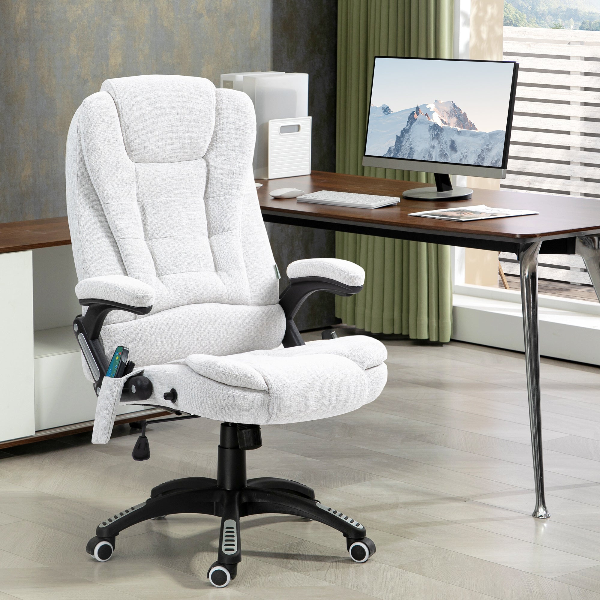 Vinsetto Massage Recliner Chair Heated Office Chair with Six Massage Points Linen-Feel Fabric 360° Swivel Wheels Cream White - anydaydirect