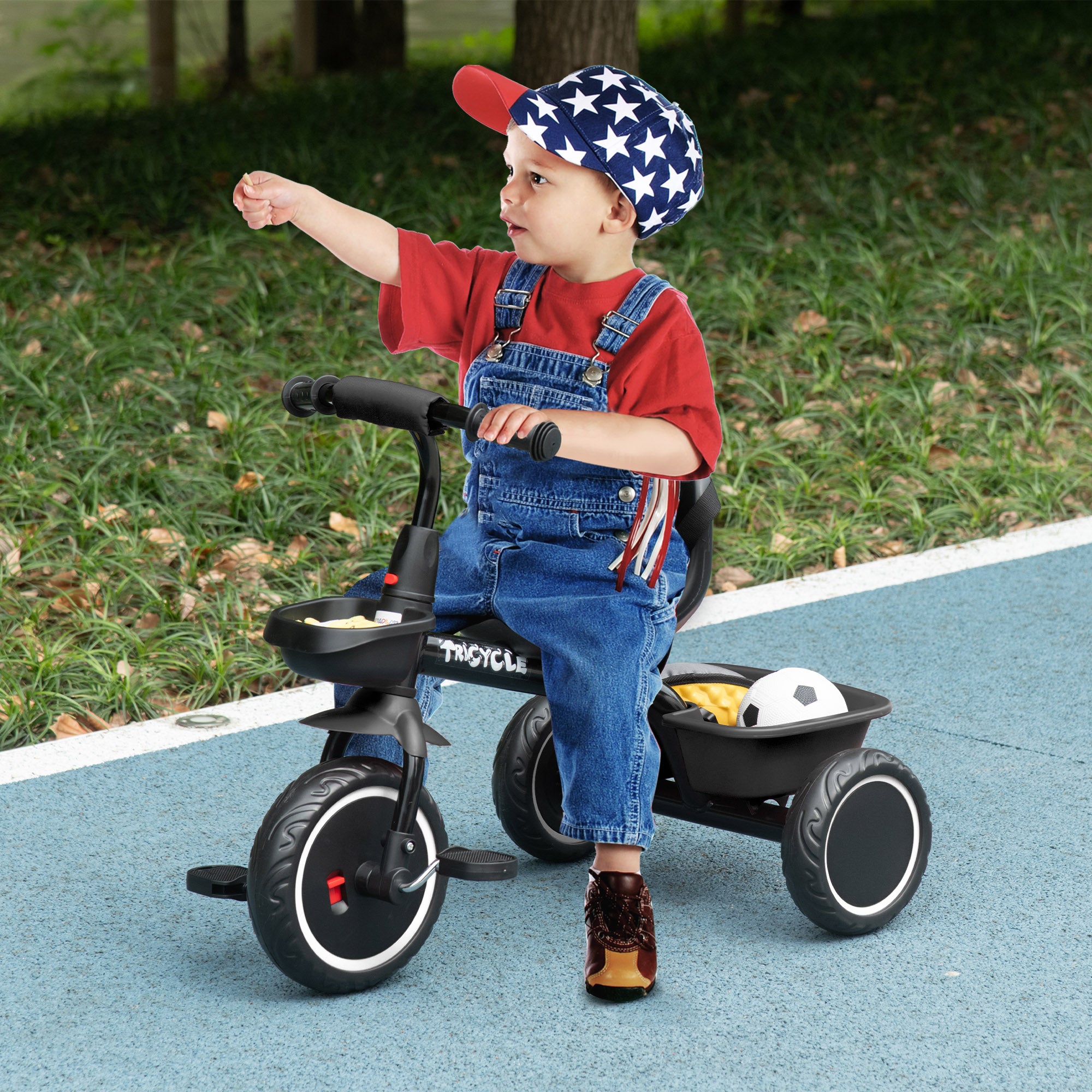 AIYAPLAY Kids Trike for 2-5 Years with Adjustable Seat, Pedal, Baskets, Black - anydaydirect
