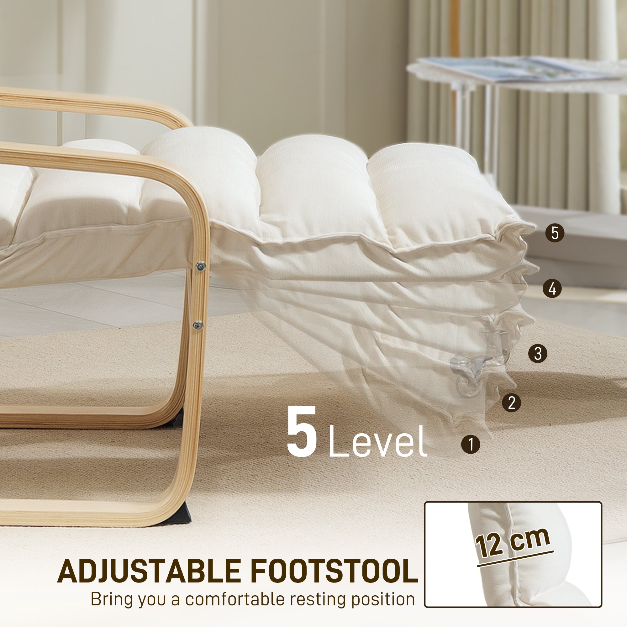 HOMCOM Curved Wooden Accent Chair, with Adjustable Footrest - Cream White - anydaydirect