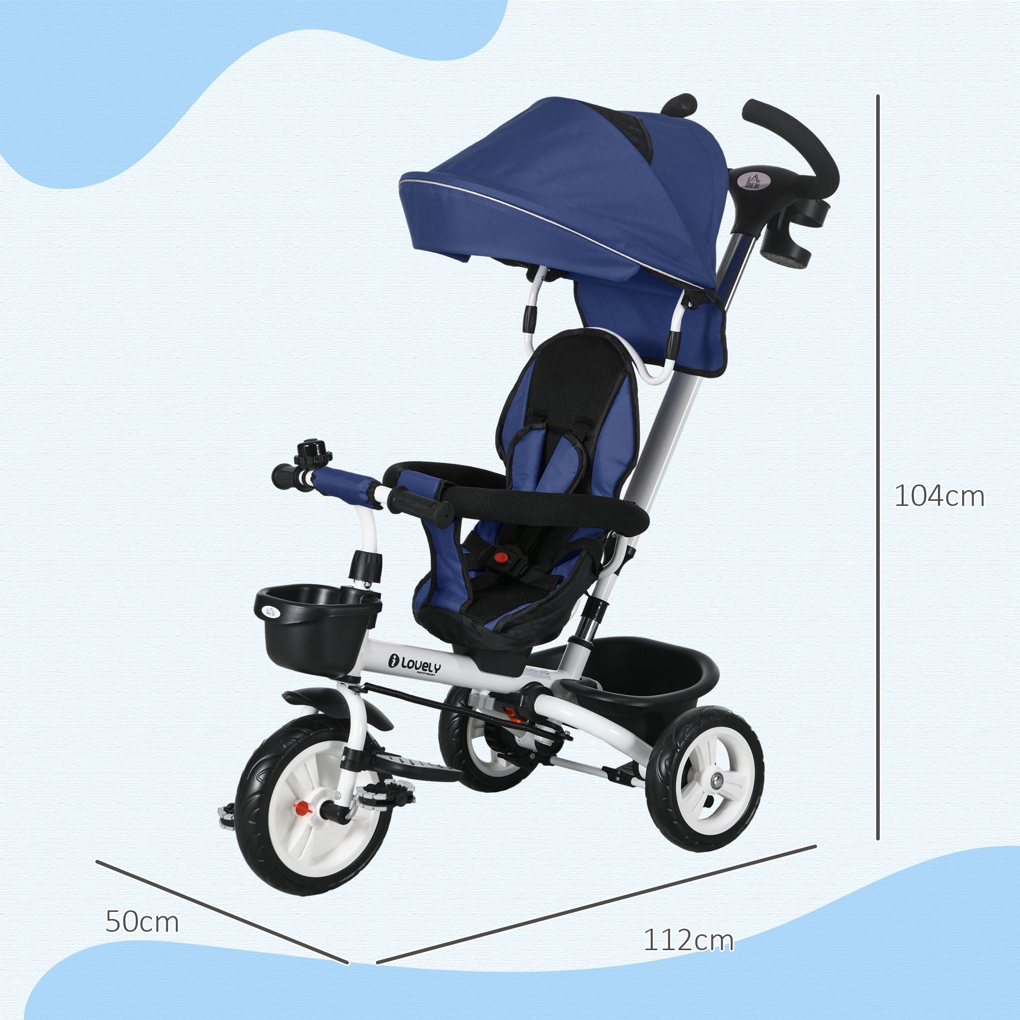 HOMCOM Metal Frame 4 in 1 Baby Push Tricycle with Parent Handle for 1-5 Years Old, Dark Blue - anydaydirect
