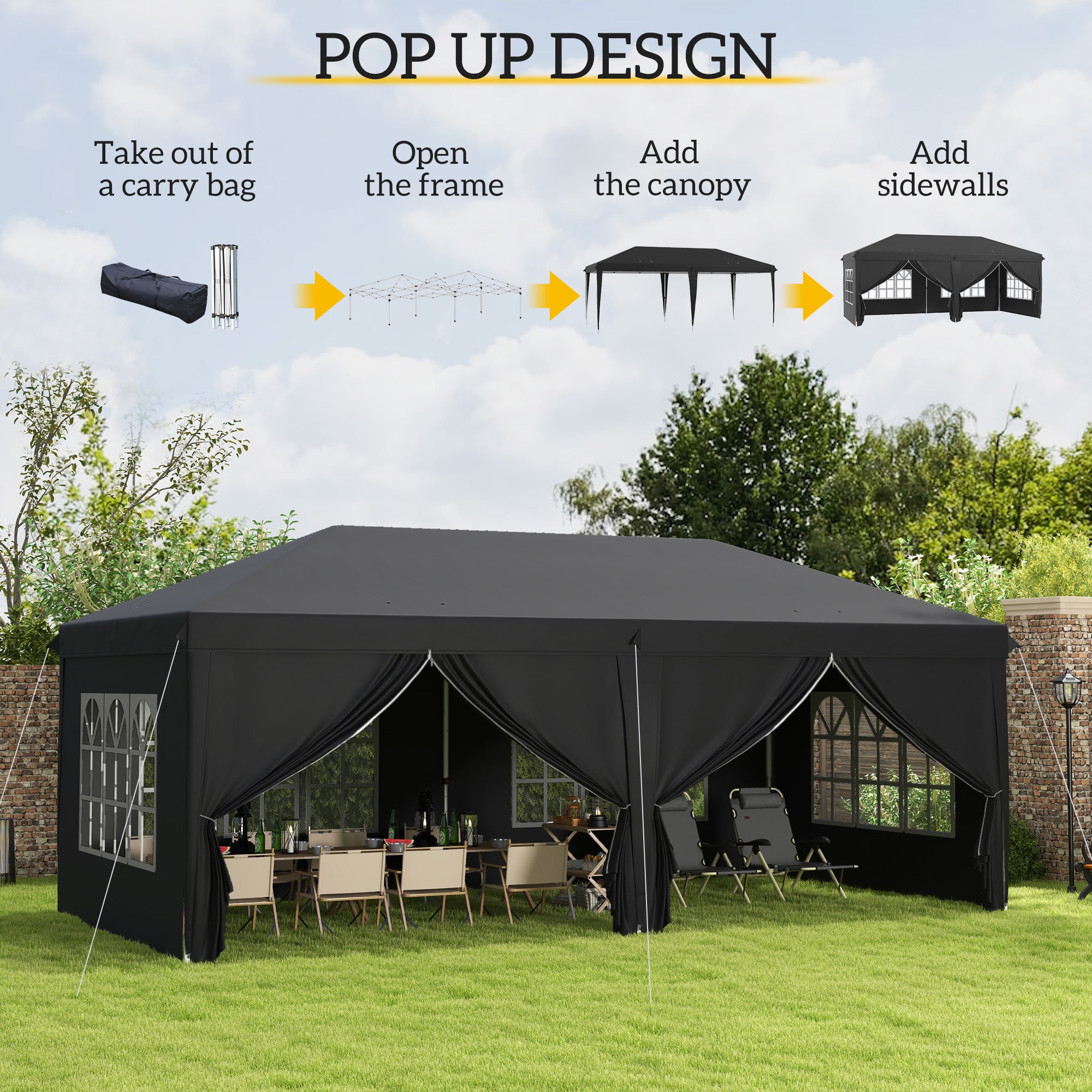 Outsunny 3 x 6 m Pop Up Gazebo with Sides and Windows, Height Adjustable Wedding Camping Party Tent Canopy Marquee with Storage Bag for Garden, Event, Black - anydaydirect