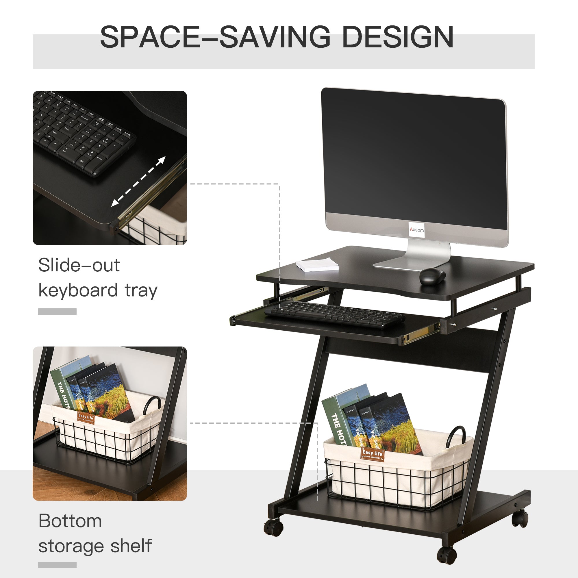 HOMCOM Movable Computer Desk with 4 Moving Wheels Sliding Keyboard Tray Home Office Workstation Black - anydaydirect