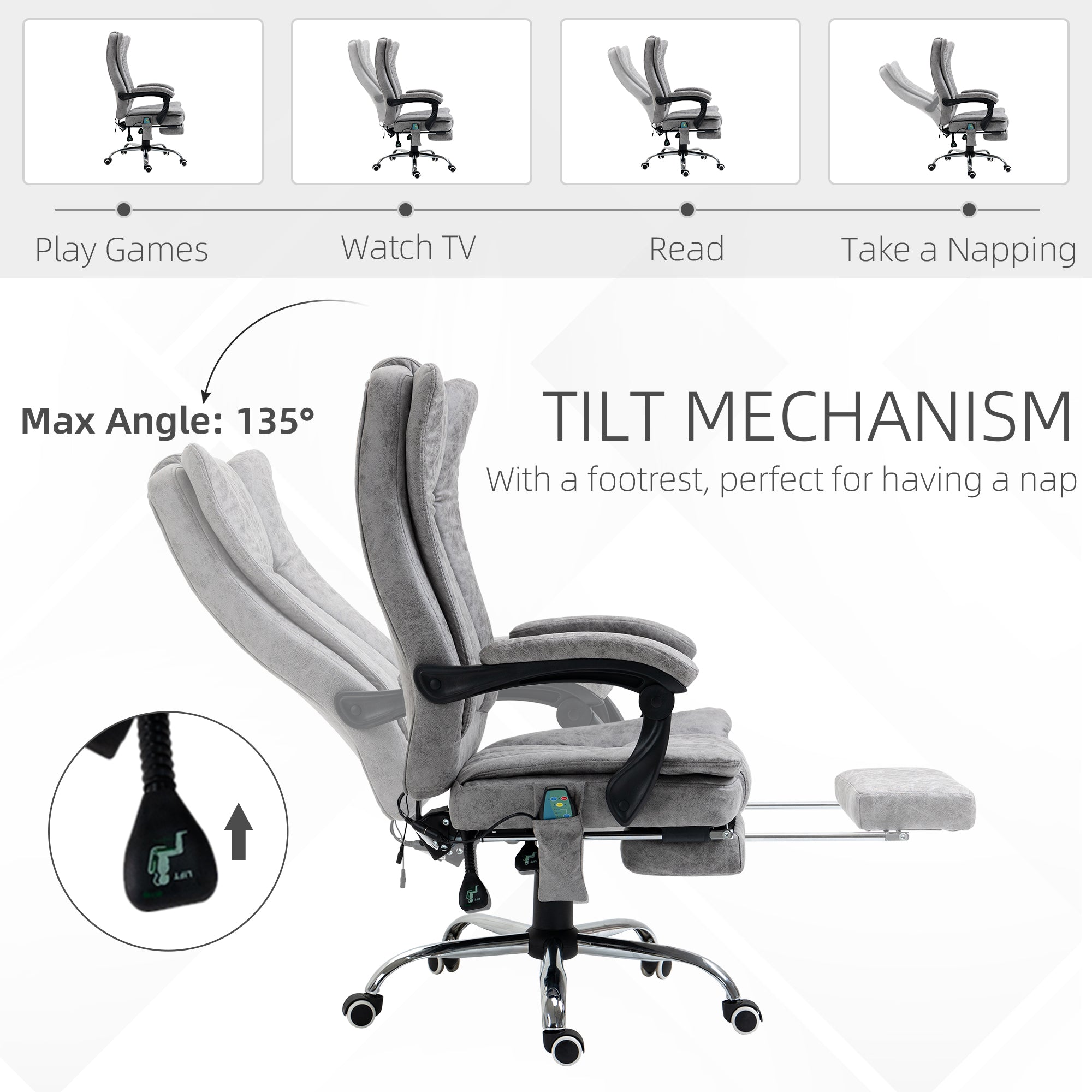 Vinsetto 6 Point Vibrating Massage Office Chair with Heat, Breathable Faux Leather Office Chair with High Back, Height Adjustable Grey - anydaydirect