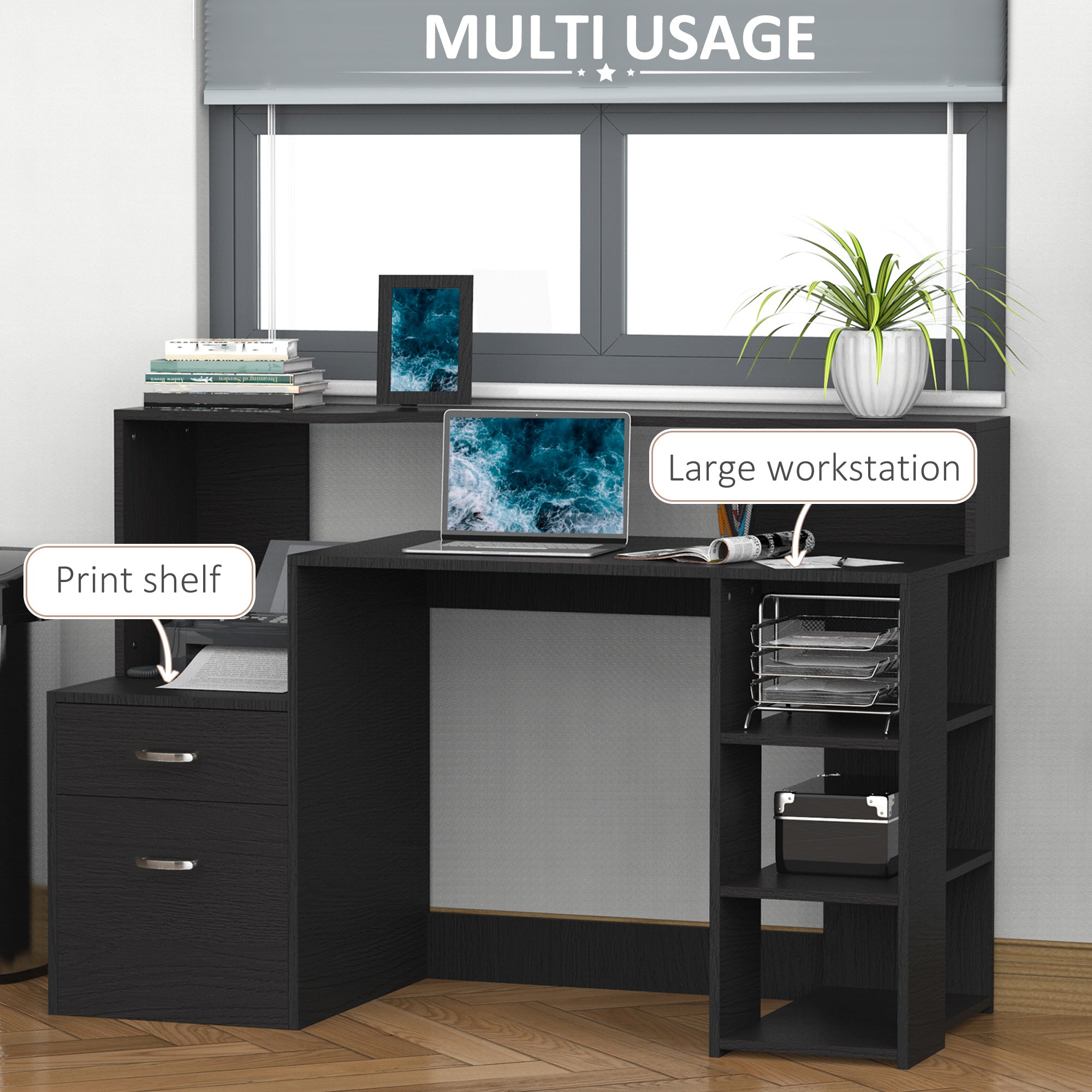 HOMCOM Computer Desk with Drawers and Storage Shelves, Reception Desk, Study Workstation for Home Office, 137 x 55 x 92cm, Black - anydaydirect