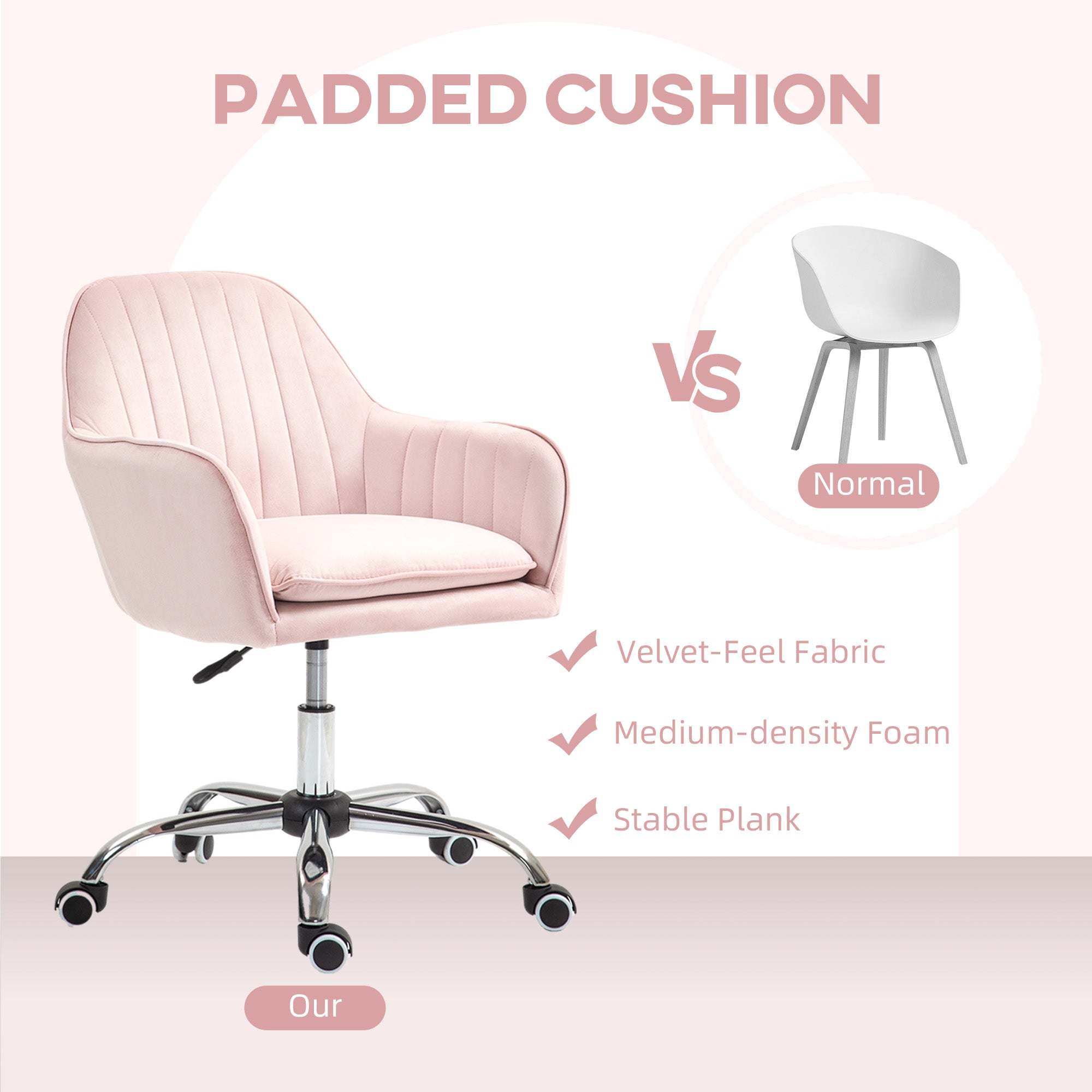 HOMCOM Velvet-Feel Tub Office Chair, with Seat Cushion - Pink - anydaydirect