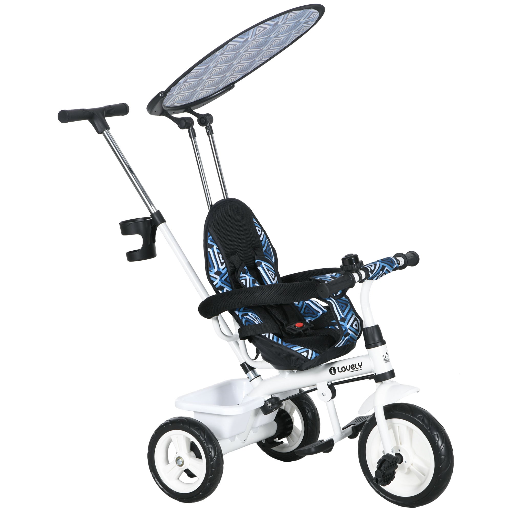 HOMCOM 4 in 1 Tricycle for Kids with 5-point harness straps, Removable Canopy, Blue - anydaydirect