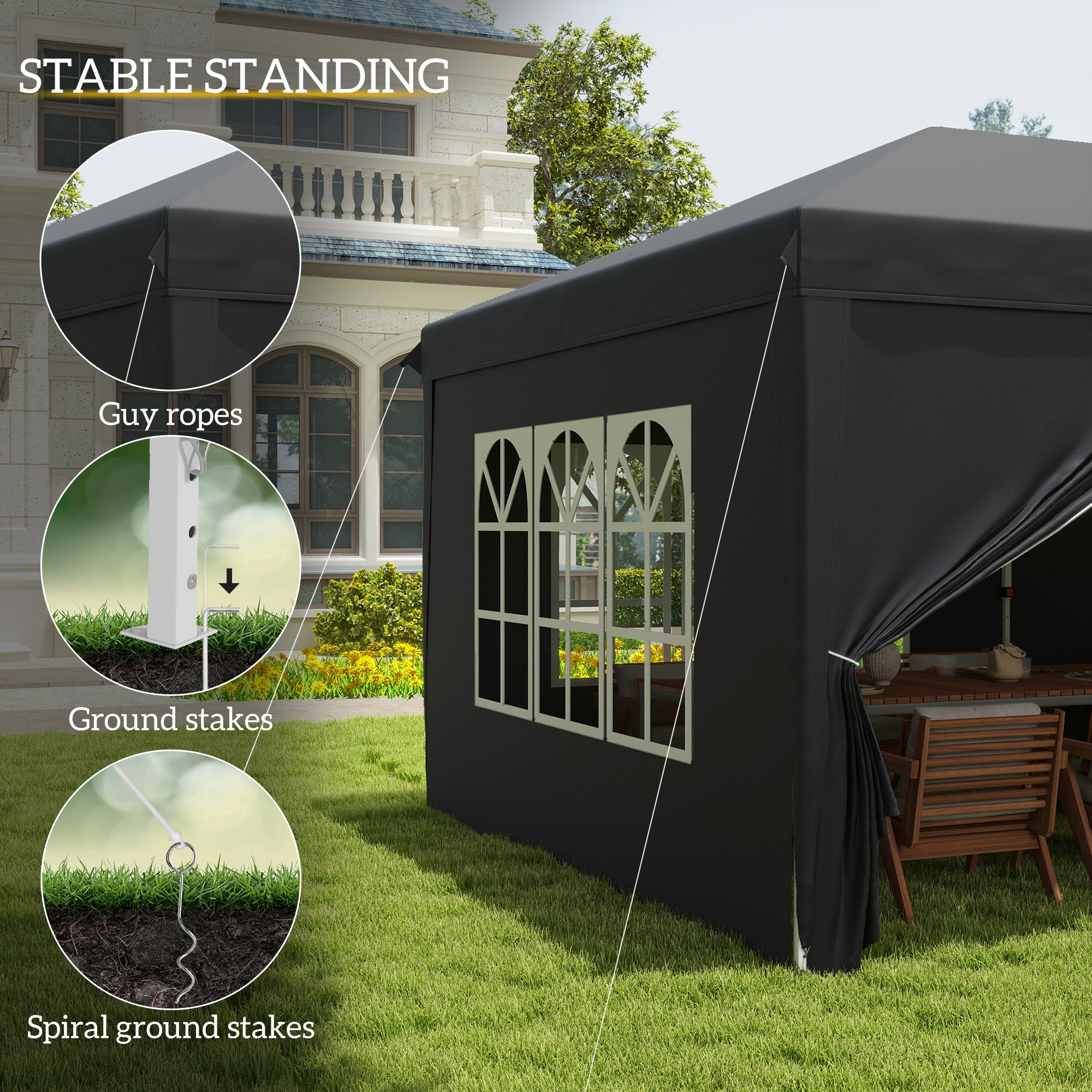Outsunny 3 x 6 m Pop Up Gazebo with Sides and Windows, Height Adjustable Wedding Camping Party Tent Canopy Marquee with Storage Bag for Garden, Event, Black - anydaydirect