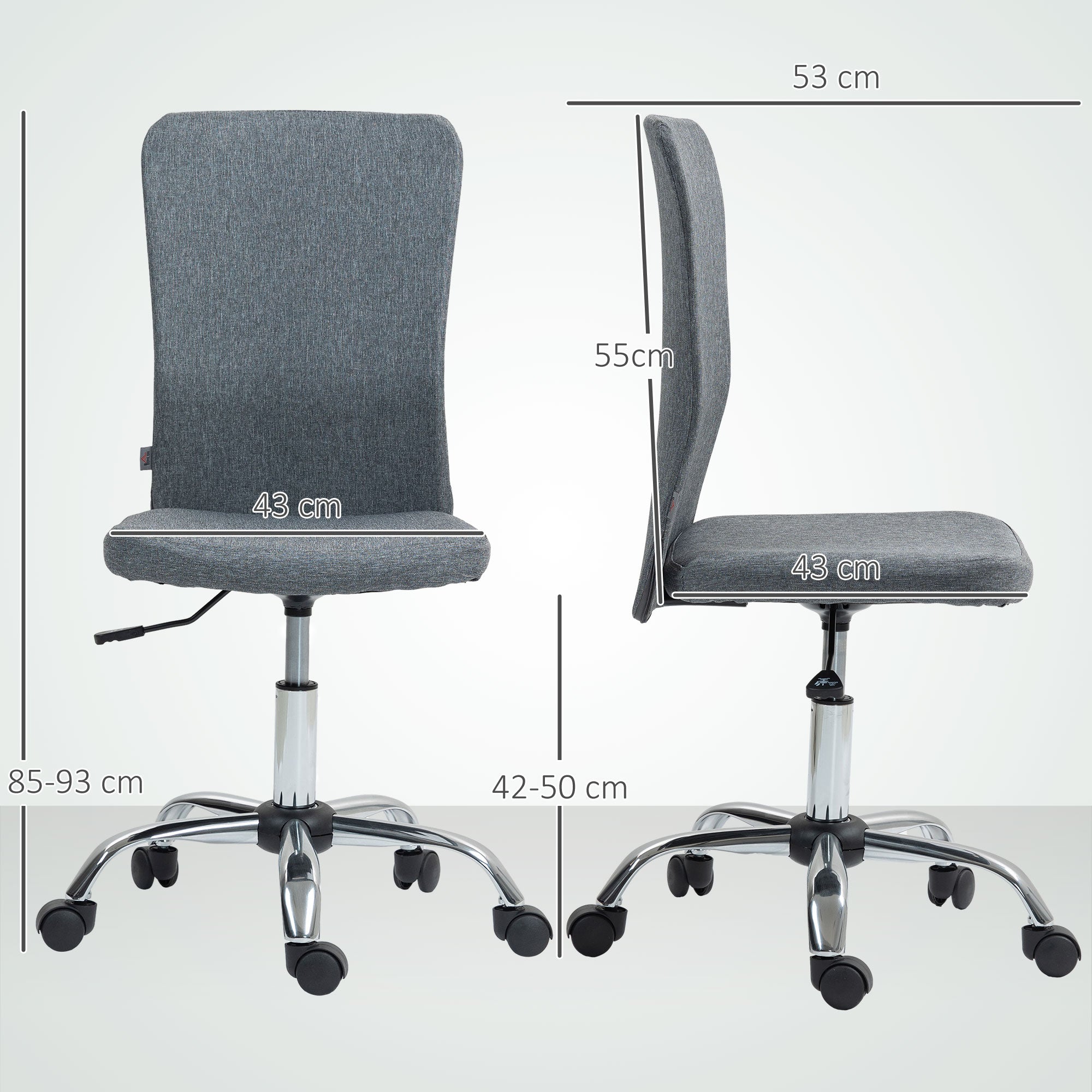 HOMCOM Armless Computer Desk Chair, Fabric Swivel Office Chair, Makeup Vanity Chair with Height Adjustable, Wheels, for Home Study Bedroom, Grey - anydaydirect