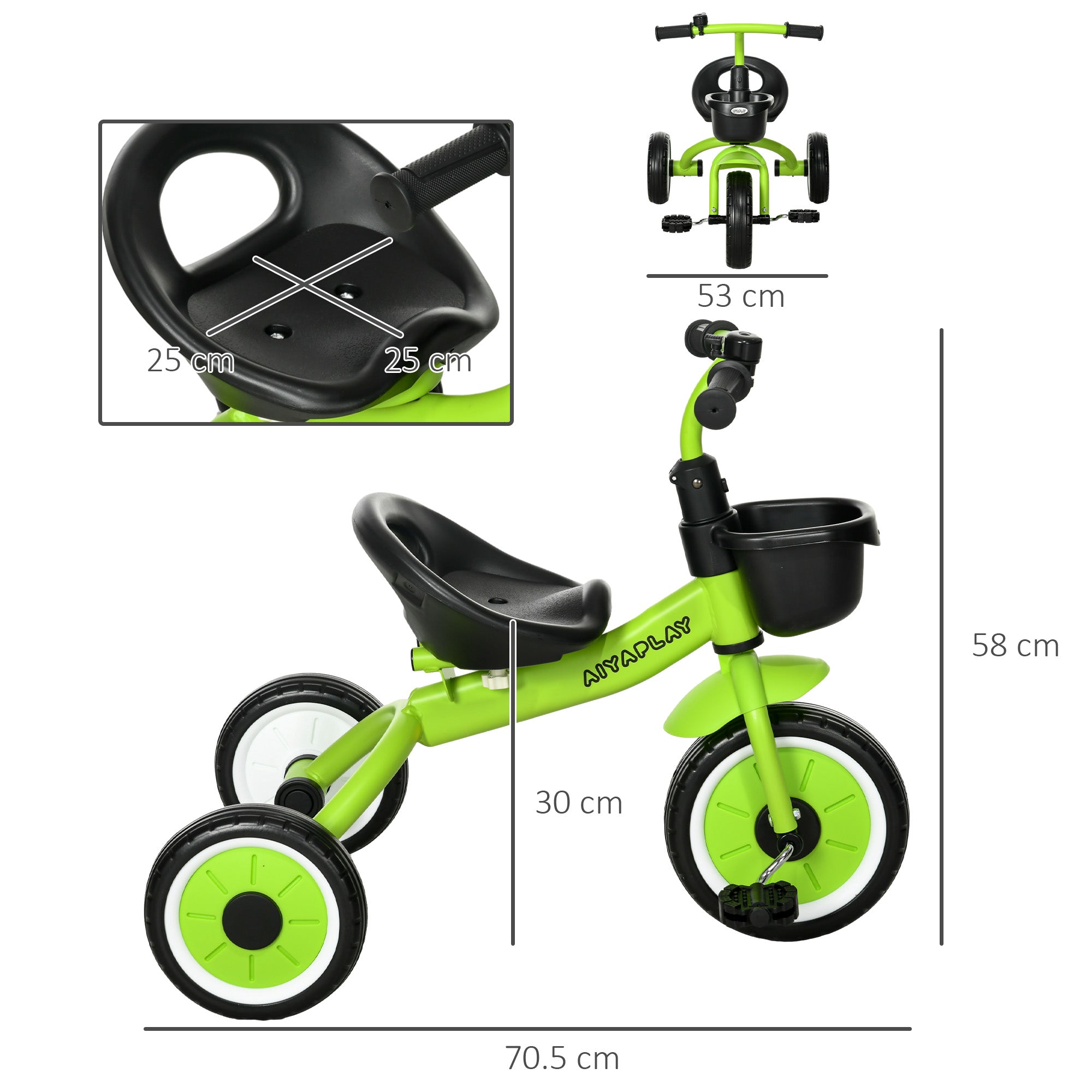 AIYAPLAY Children's Trike, Adjustable Seat Tricycle with Basket and Bell, Suitable for Ages 2-5 Years, Green - anydaydirect