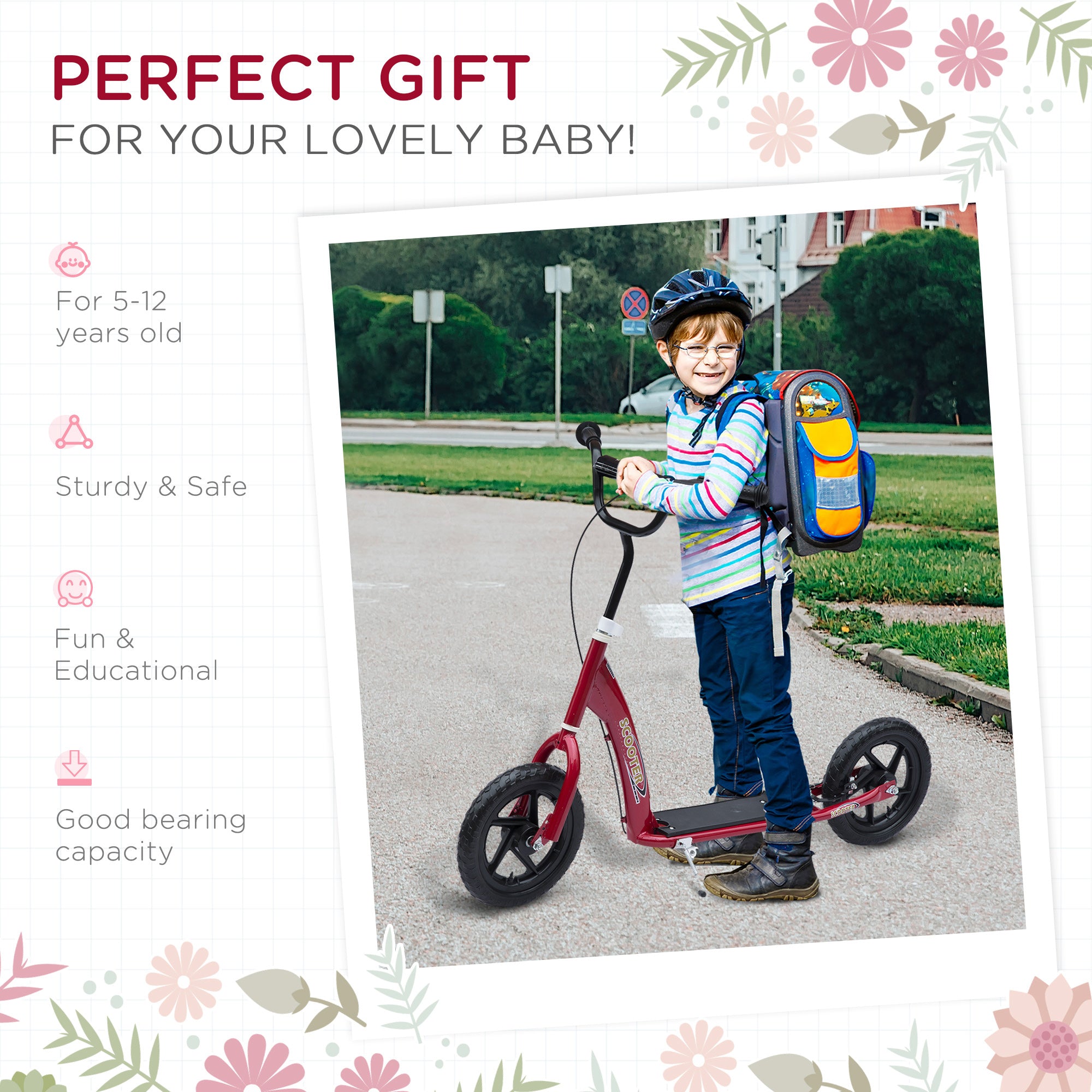 HOMCOM Teen Push Scooter Kids Children Stunt Scooter w/ 12" EVA Tyres, Red - anydaydirect