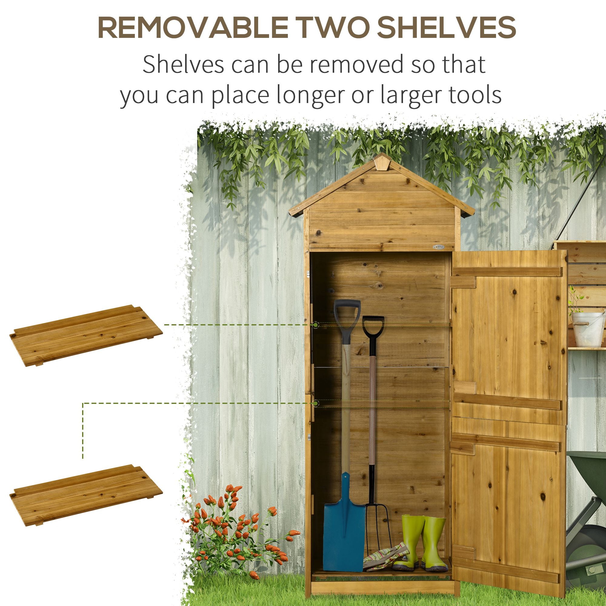 Outsunny Wooden Garden Storage Shed Utility Gardener Cabinet w/ 3 Shelves and 2 Door, 191.5cm x 79cm x 49cm, Natural Wood Effect - anydaydirect