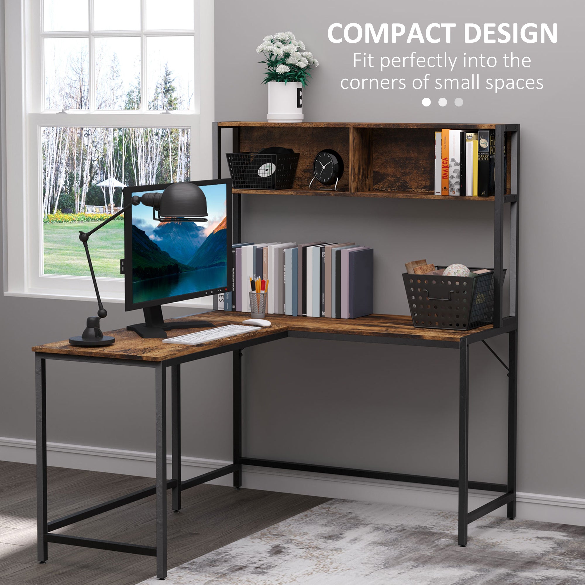 HOMCOM Reversible L Shaped Desk with Hutch, Industrial Computer Desk, Corner Desk with Storage Compartments and Steel Frame for Home Office, Study, 140 x 125cm, Brown - anydaydirect