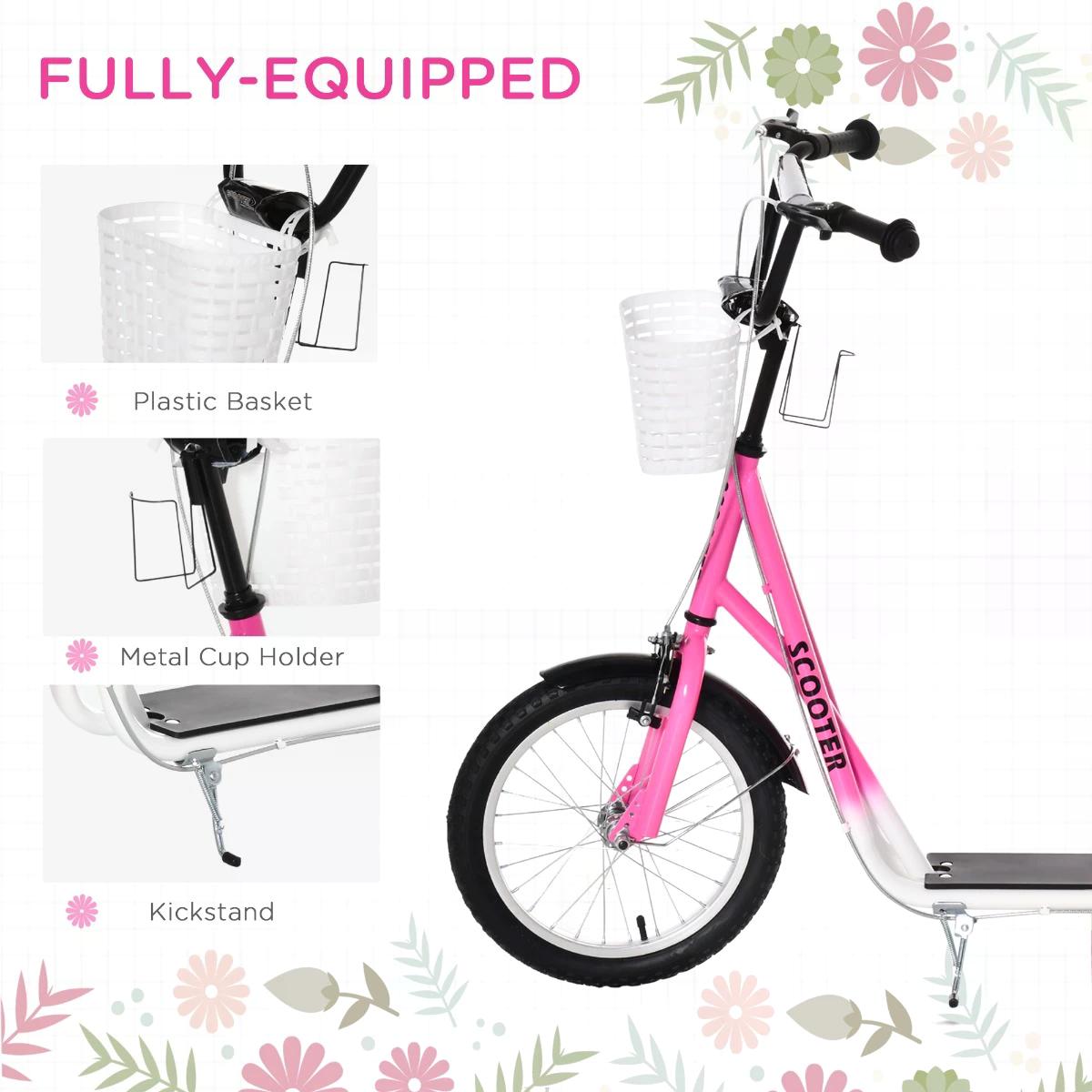 HOMCOM Kids Kick Scooter Teen Ride On Children Scooter with Adjustable Handlebar 2 Brakes Basket Cupholder Mudguard 16" Inflatable Rubber Tyres Pink - anydaydirect