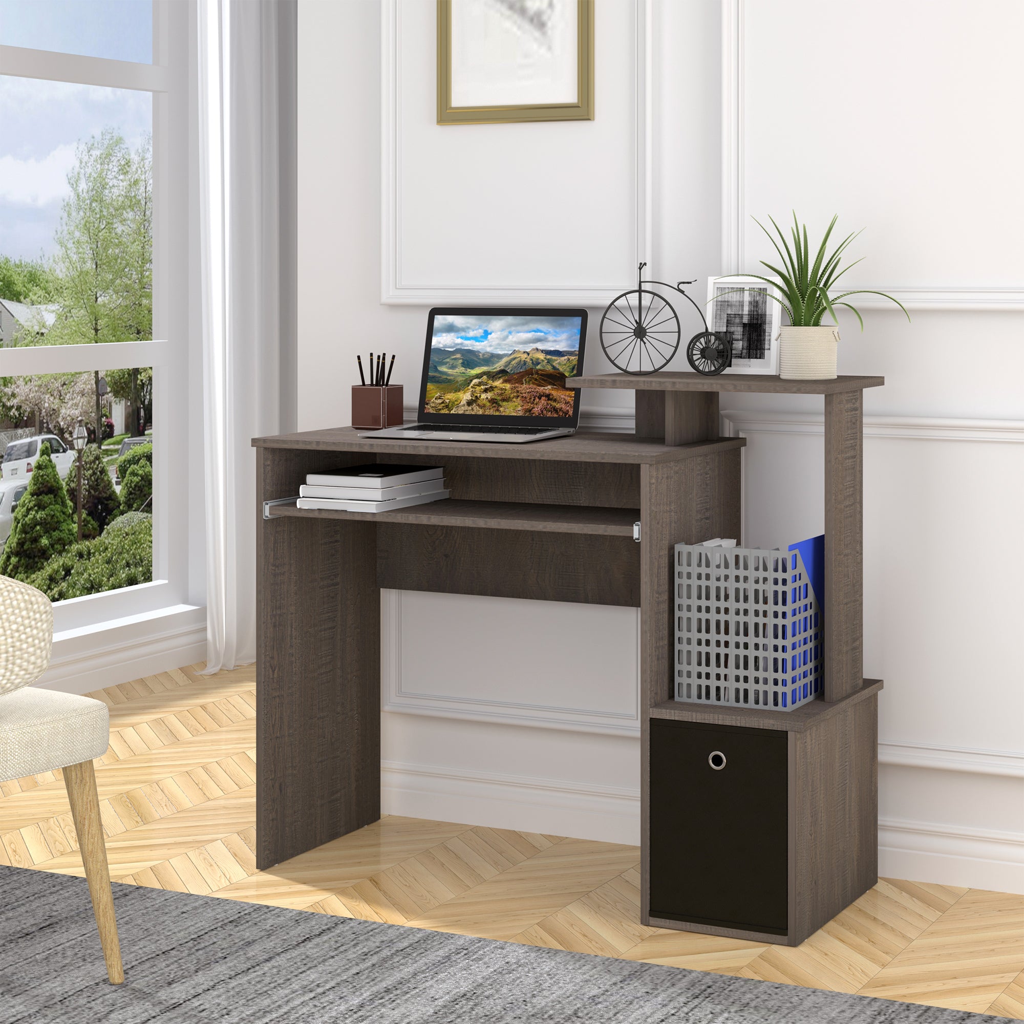 HOMCOM Computer Desk with Sliding Keyboard Tray Storage Drawer Shelf Home Office Workstation Grey - anydaydirect