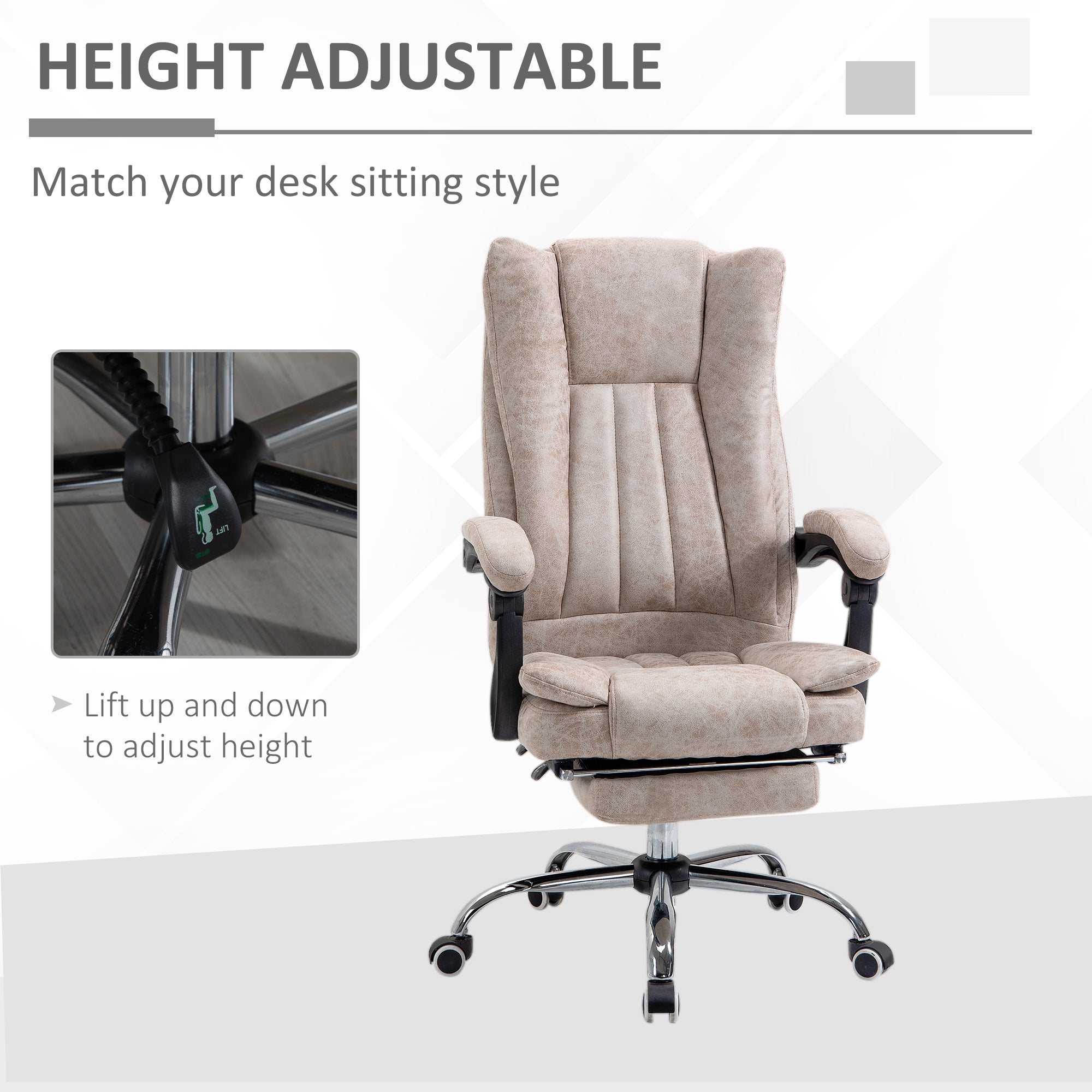 Vinsetto Home Office Chair Microfibre Desk Chair with Reclining Function Armrests Swivel Wheels Footrest Beige - anydaydirect