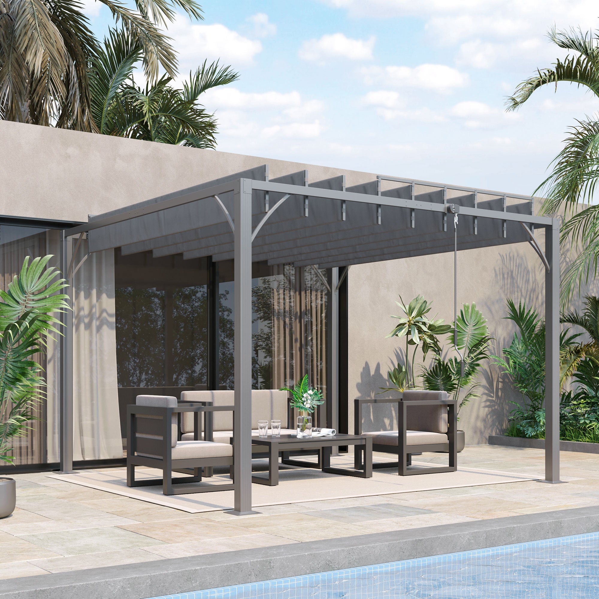 Outsunny 3 x 3(m) Outdoor Pergola with Retractable Roof, Aluminium Louvered Patio Gazebo Canopy for Lawn Garden Patio, Grey - anydaydirect