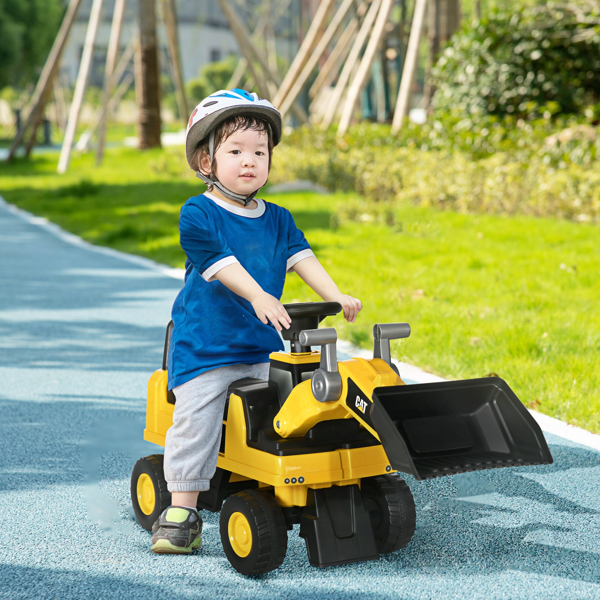 HOMCOM CAT Licensed Construction Digger Ride-On for Kids, Manual Bucket & Under Seat Storage, Yellow - anydaydirect