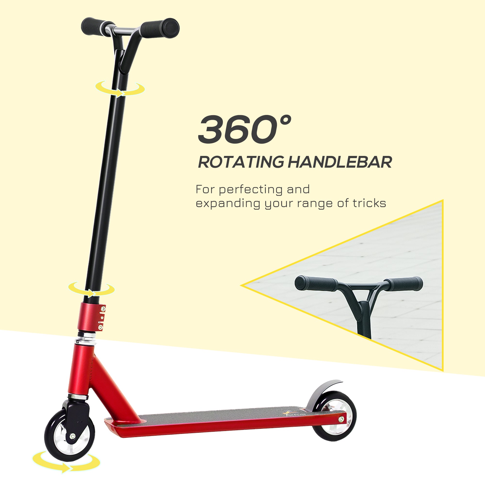 HOMCOM Stunt Scooter, 360° Entry Level Tricks Scooter w/ Lightweight Aluminium Deck and ABEC 7 Bearing, For Age 14+ Beginners, Red - anydaydirect