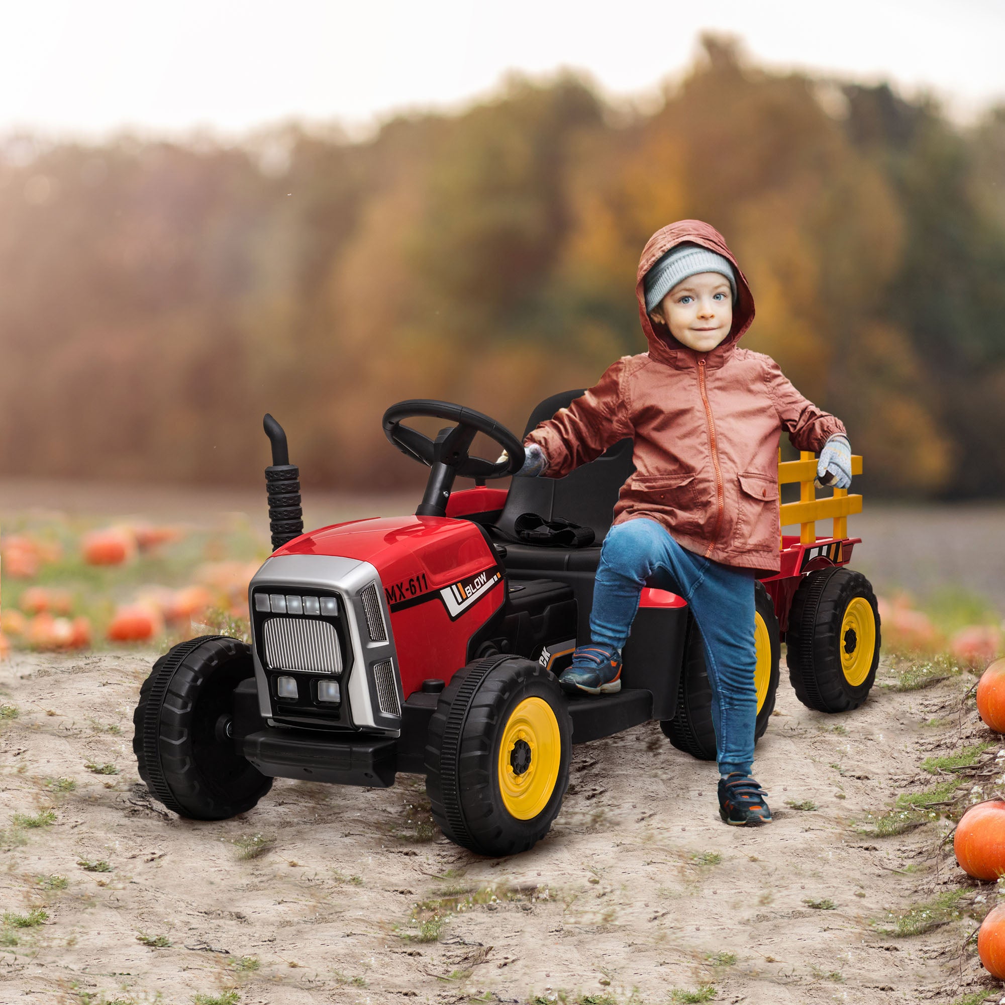 HOMCOM Electric Ride on Tractor with Detachable Trailer, 12V Kids Battery Powered Electric Car w/ Remote Control, Music Start up Sound - anydaydirect