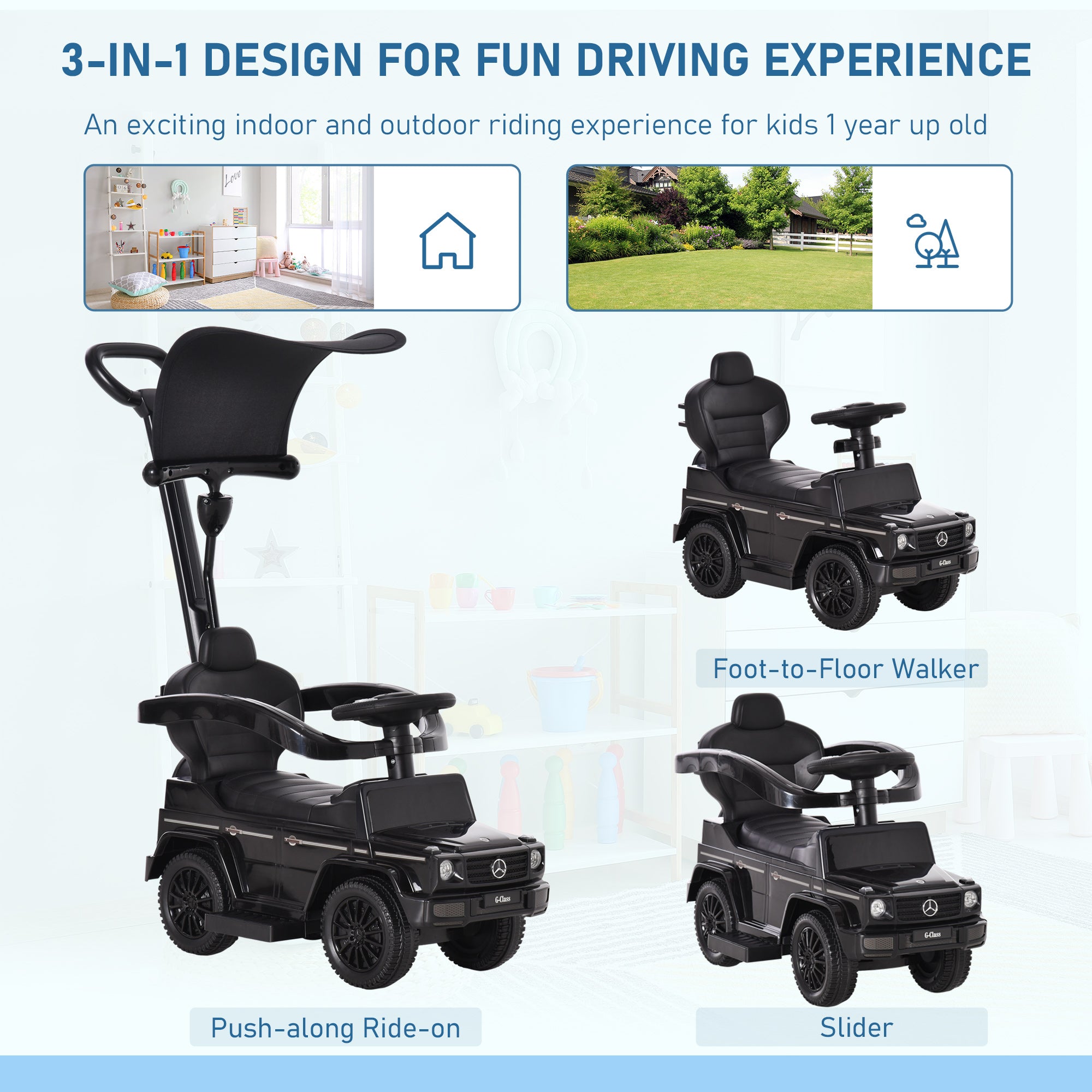 HOMCOM Ride-On Car Push Along Car Mercedes-Benz G350 Sliding Walker Foot to Floor Slider Stroller Toddler w/ Steering Wheel, Black - anydaydirect
