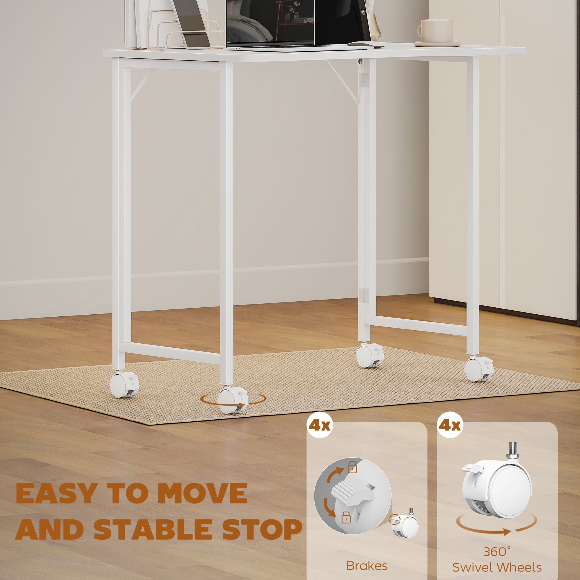HOMCOM Small Folding Desk, with Wheels - White Wood-Effect - anydaydirect