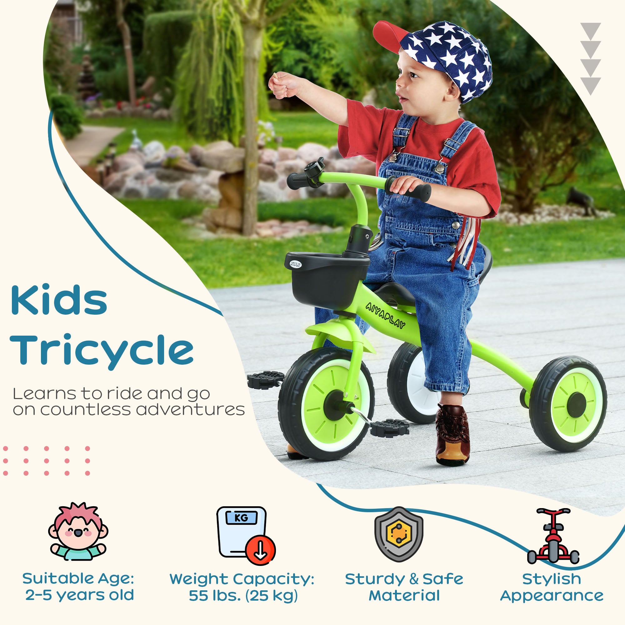 AIYAPLAY Children's Trike, Adjustable Seat Tricycle with Basket and Bell, Suitable for Ages 2-5 Years, Green - anydaydirect