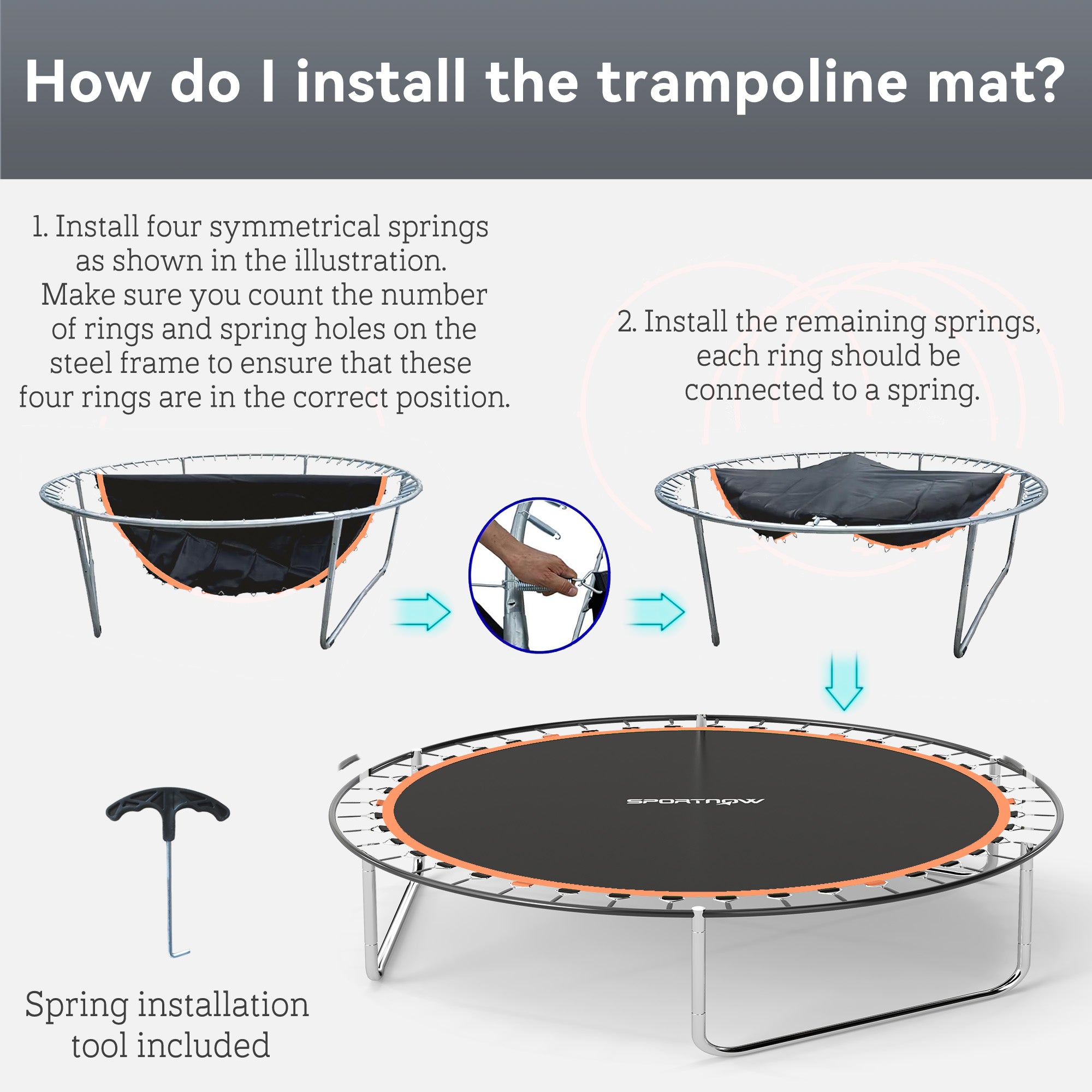 SPORTNOW Trampoline Replacement Mat with Spring Pull Tool, 42 V-Hooks, for 8ft Trampoline using 14cm Springs, Orange - anydaydirect
