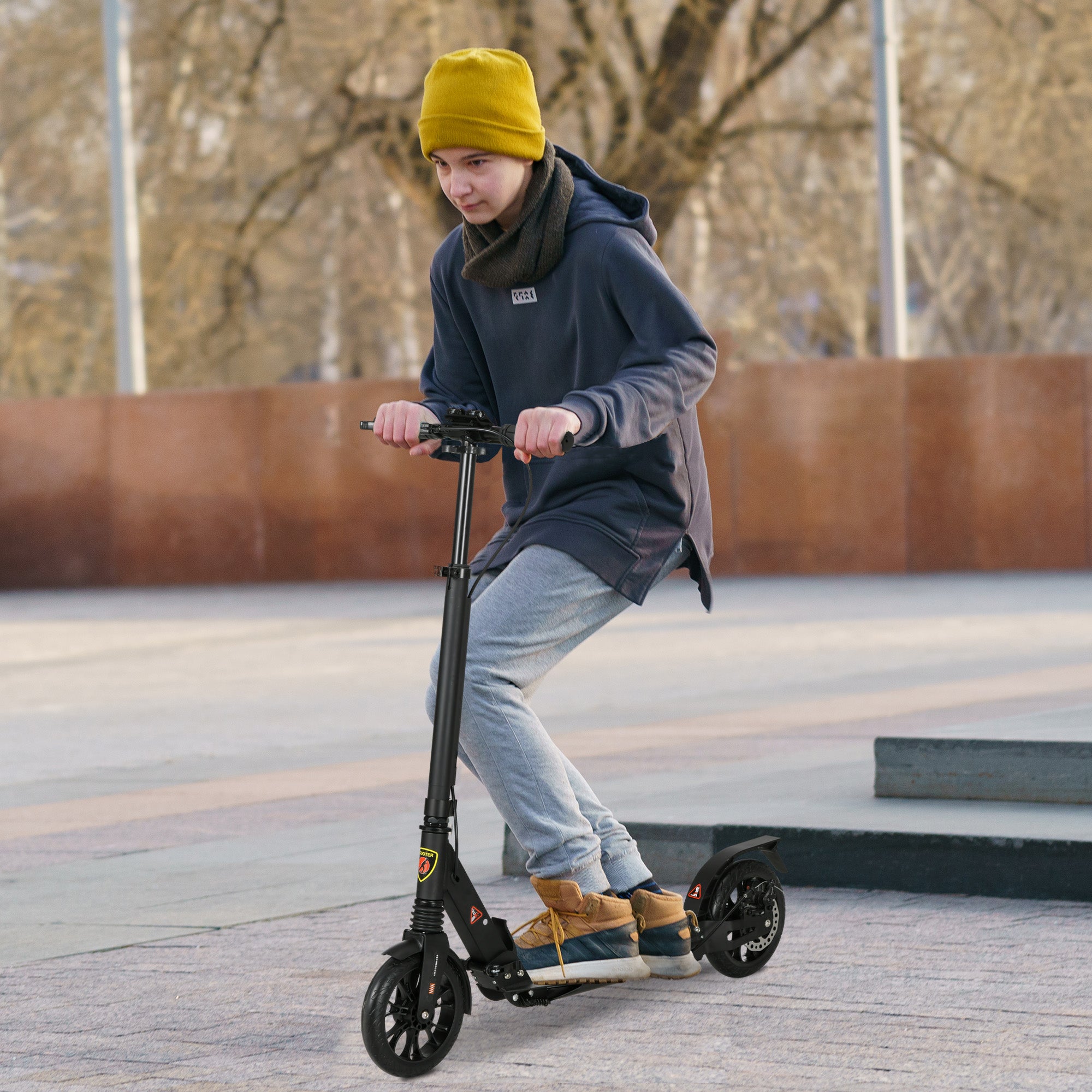 HOMCOM Adult Teens Kick Scooter Foldable Height Adjustable Aluminium Ride On Toy for 14+ w/ Rear Wheel & Hand Brake, 200mm Big Wheels, Shock Mitigation System - Black - anydaydirect