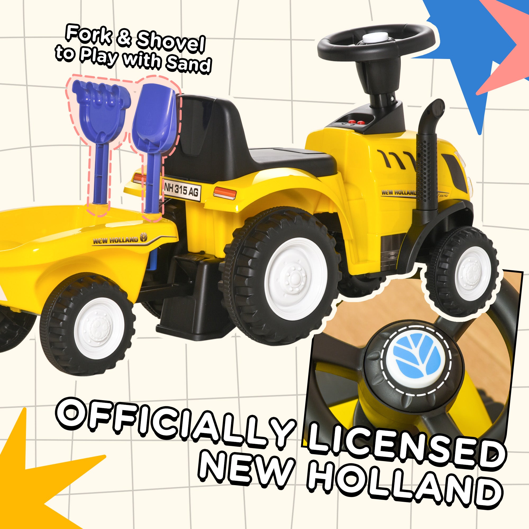 HOMCOM Compatible Baby Toddler Sliding Car NEW HOLLAND Licensed Foot to Floor Slider w/ Horn Storage Steering Wheel for 12-36 Months Yellow - anydaydirect