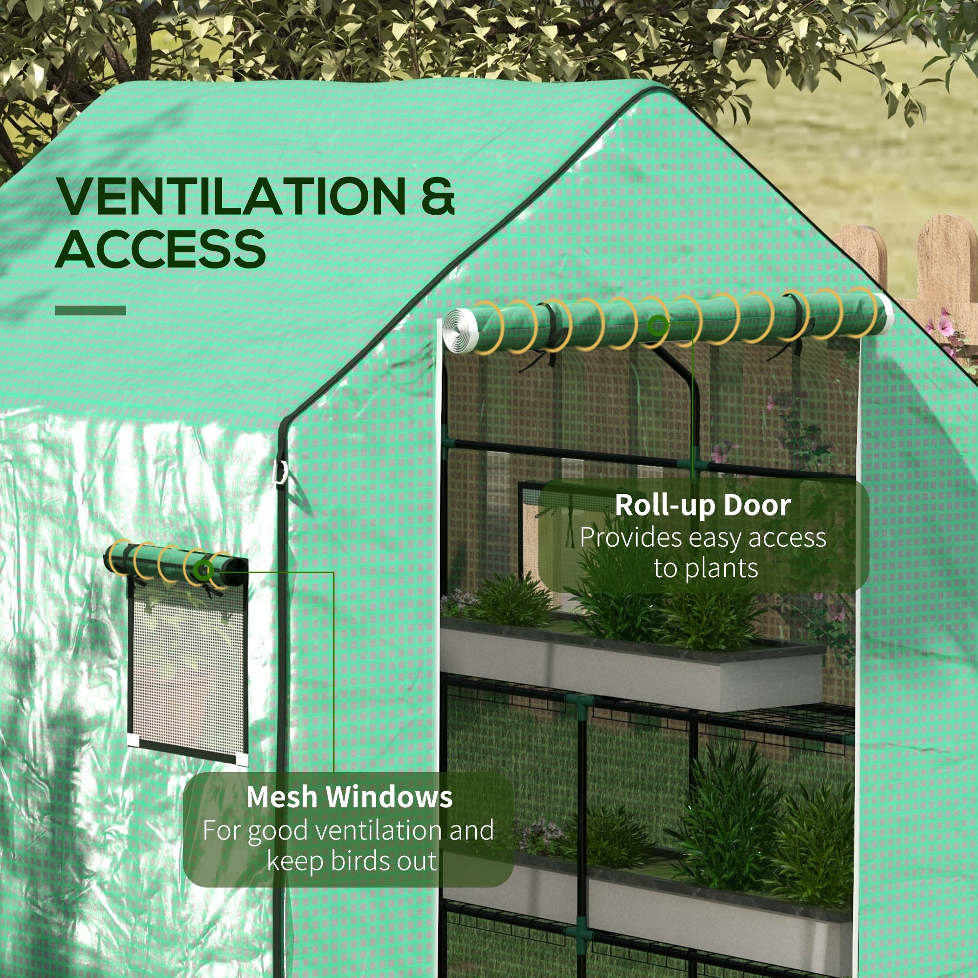 Outsunny Greenhouse Cover Replacement Walk-in PE Hot House Cover with Roll-up Door and Windows, 140 x 143 x 190cm, Green - anydaydirect