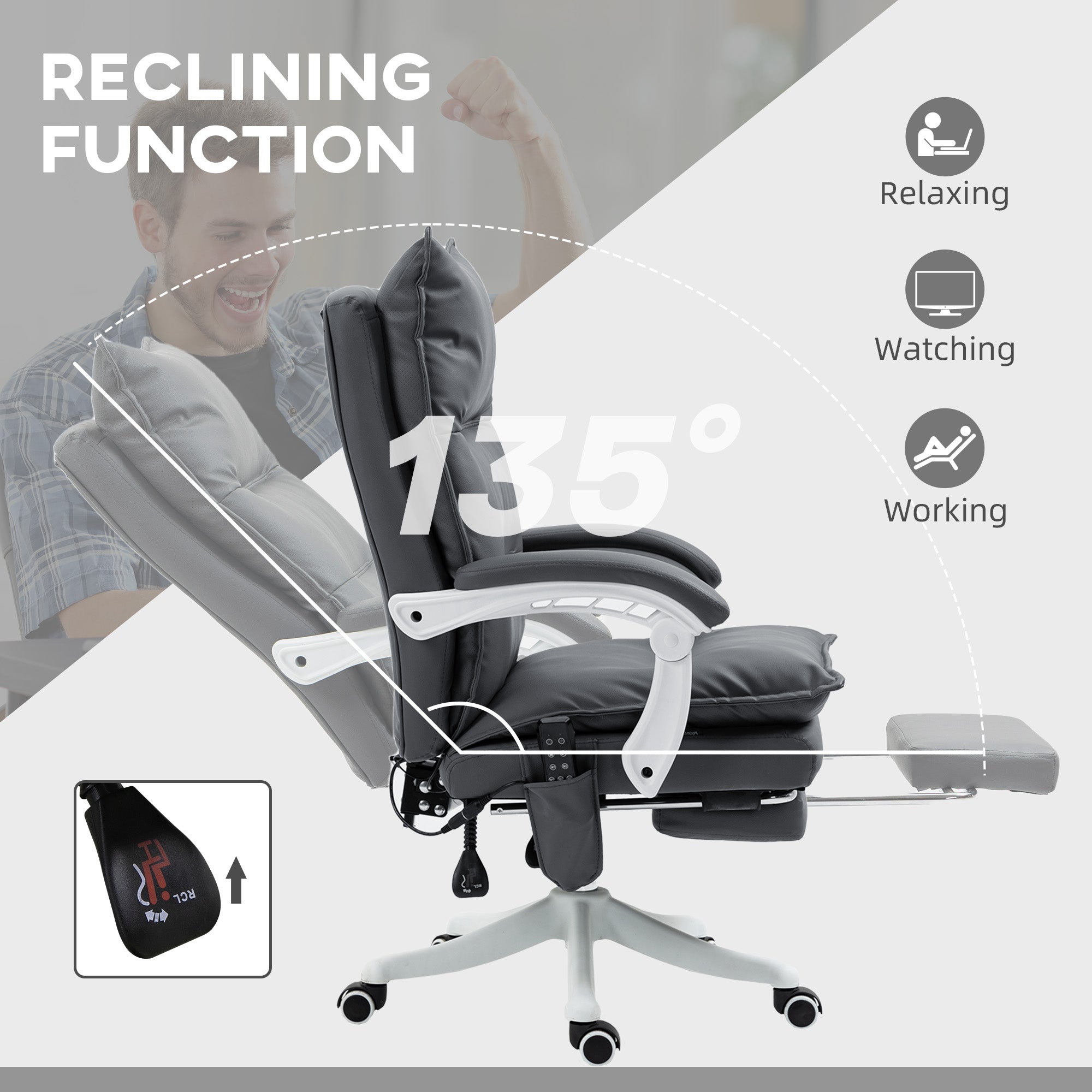 Vinsetto Vibration Massage Office Chair with Heat, Ergonomic Computer Desk Chairs, Faux Leather Desk Chair with Footrest, Armrest and Reclining Backrest, Charcoal Grey - anydaydirect