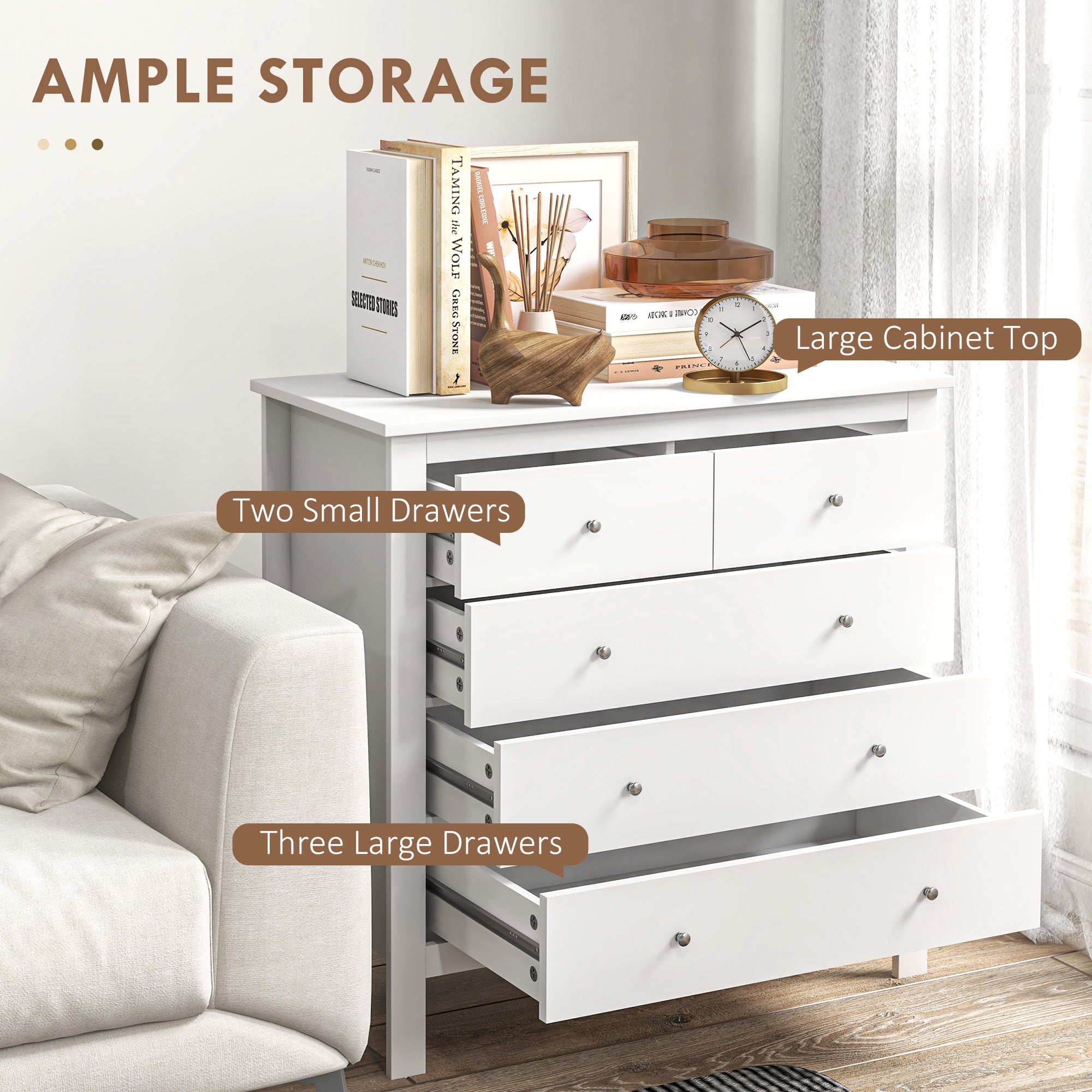 HOMCOM Modern Chest of Drawers, 5 Drawer Storage Cabinet with Metal Handles and Runners for Bedroom, White - anydaydirect