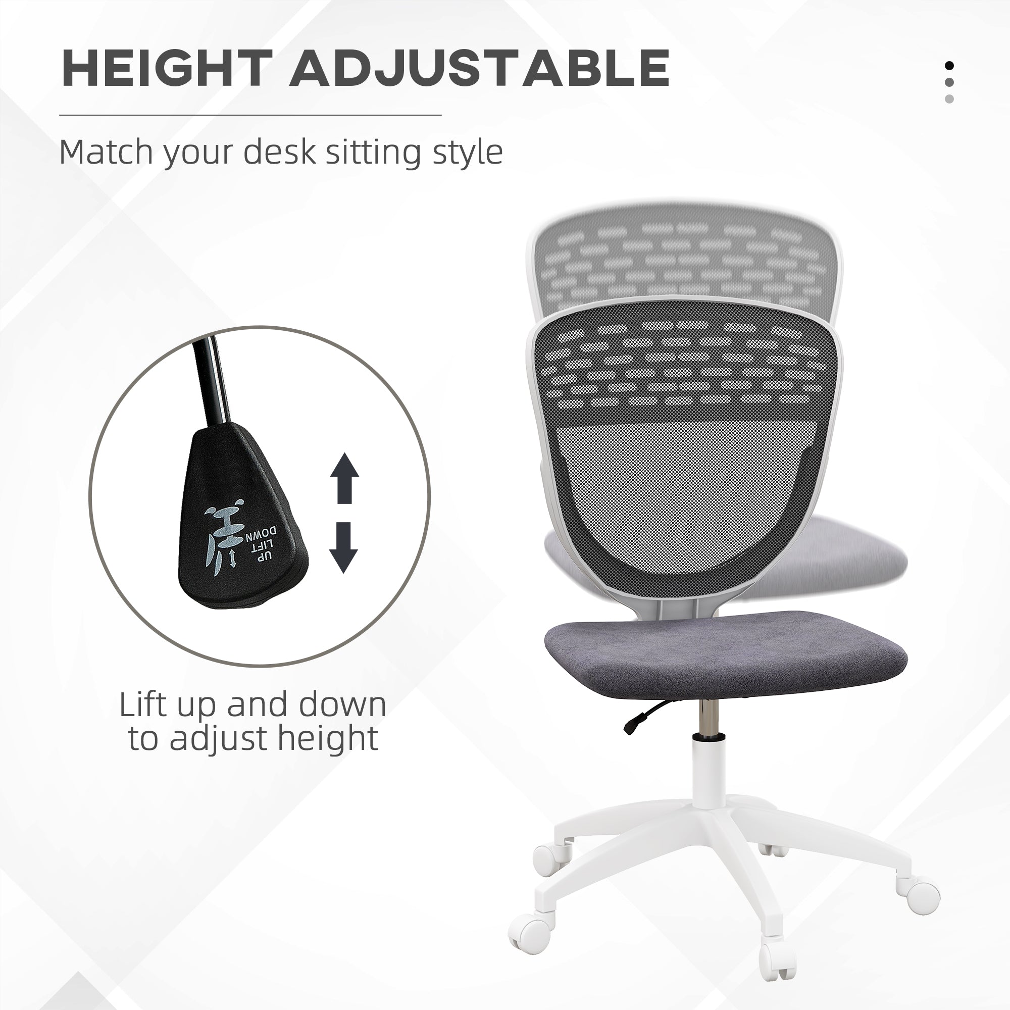 Vinsetto Armless Desk Chair, Mesh Office Chair, Height Adjustable with Swivel Wheels, Grey - anydaydirect