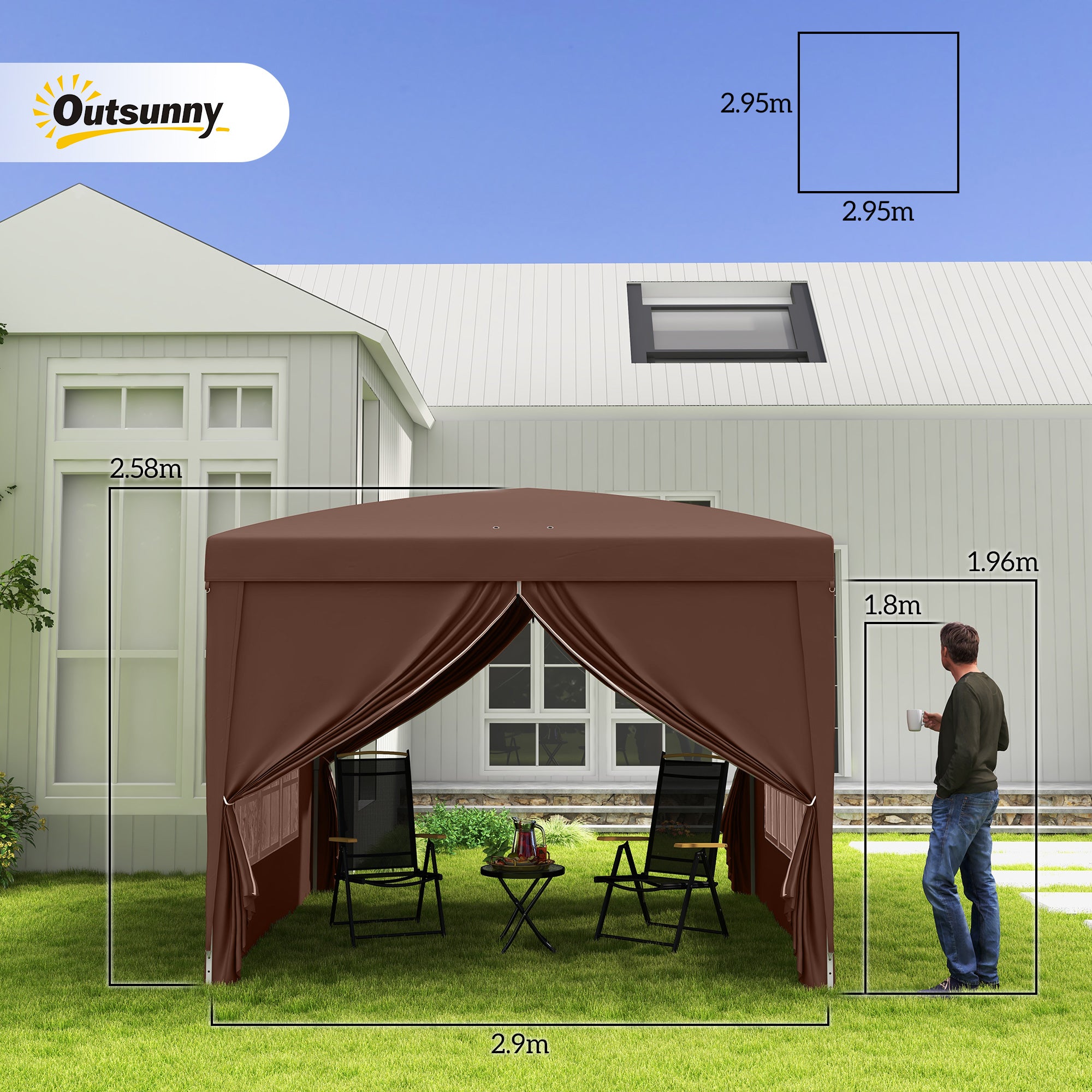 Outsunny 3 x 3 m Pop Up Gazebo, Wedding Party Canopy Tent Marquee with Carry Bag and Windows, Coffee - anydaydirect