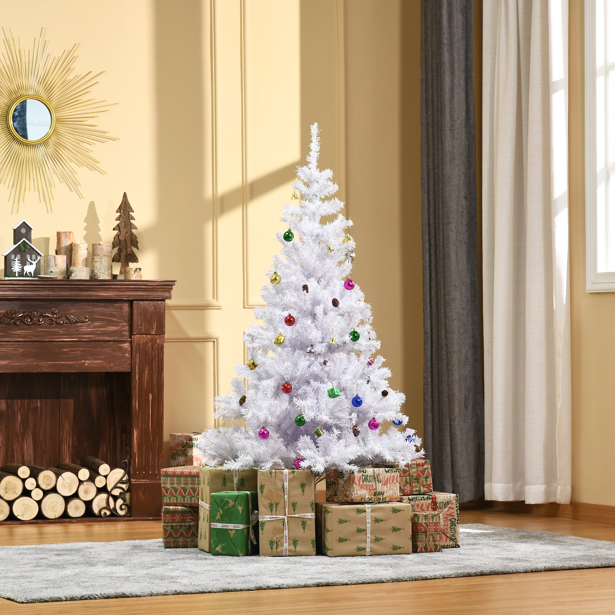 HOMCOM 4.9ft Artificial Christmas Tree Holiday Home Decoration with Xmas Ornaments and Metal Stand, White - anydaydirect