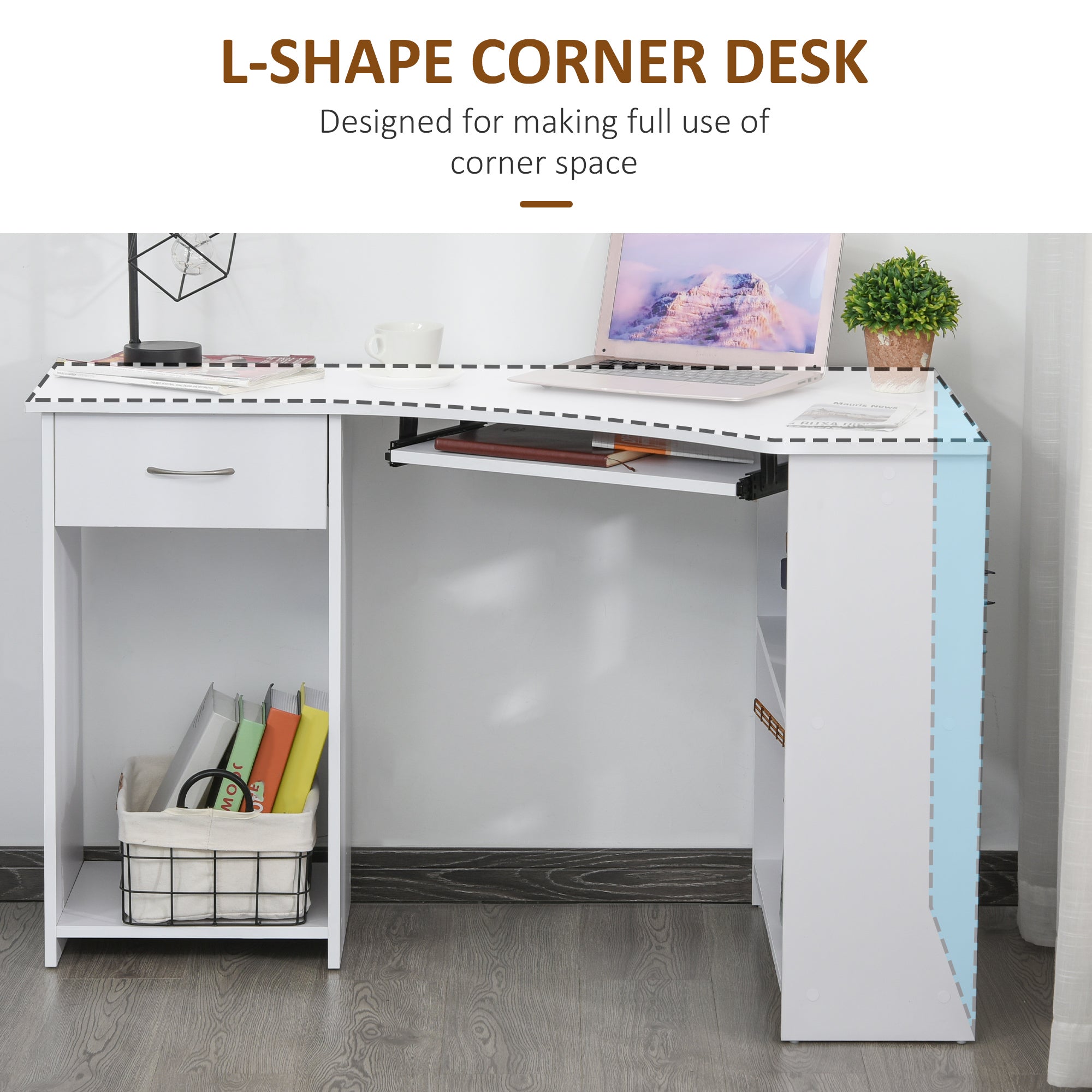 HOMCOM L-Shaped Corner Computer Desk w/ 2 Shelves Wide Worktop Keyboard Tray Drawer & CPU Stand Home Office Study Bedroom Furniture White - anydaydirect
