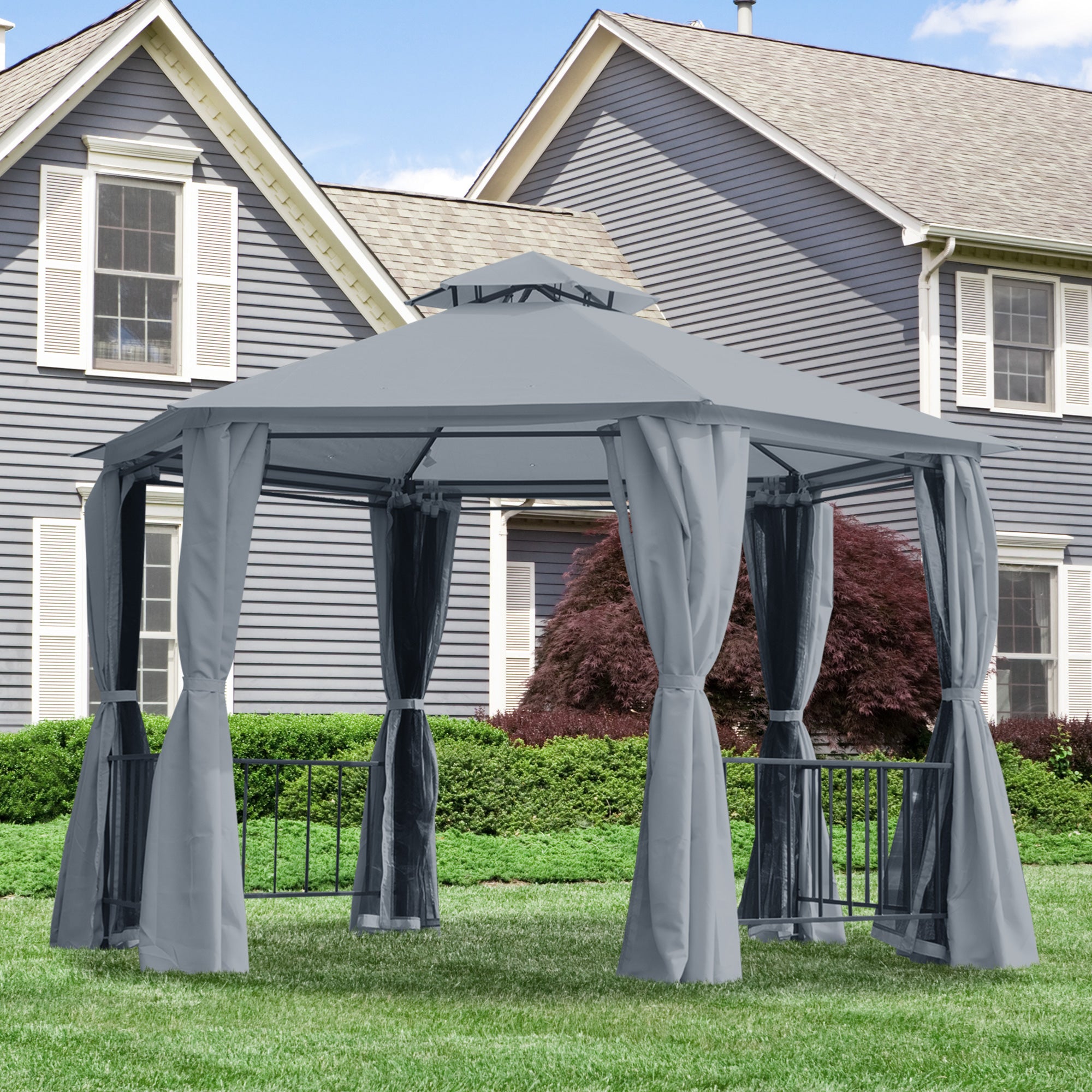 Outsunny 3 x 3(m) Hexagon Gazebo Patio Canopy Party Tent Outdoor Garden Shelter w/ 2 Tier Roof & Side Panel - Grey - anydaydirect