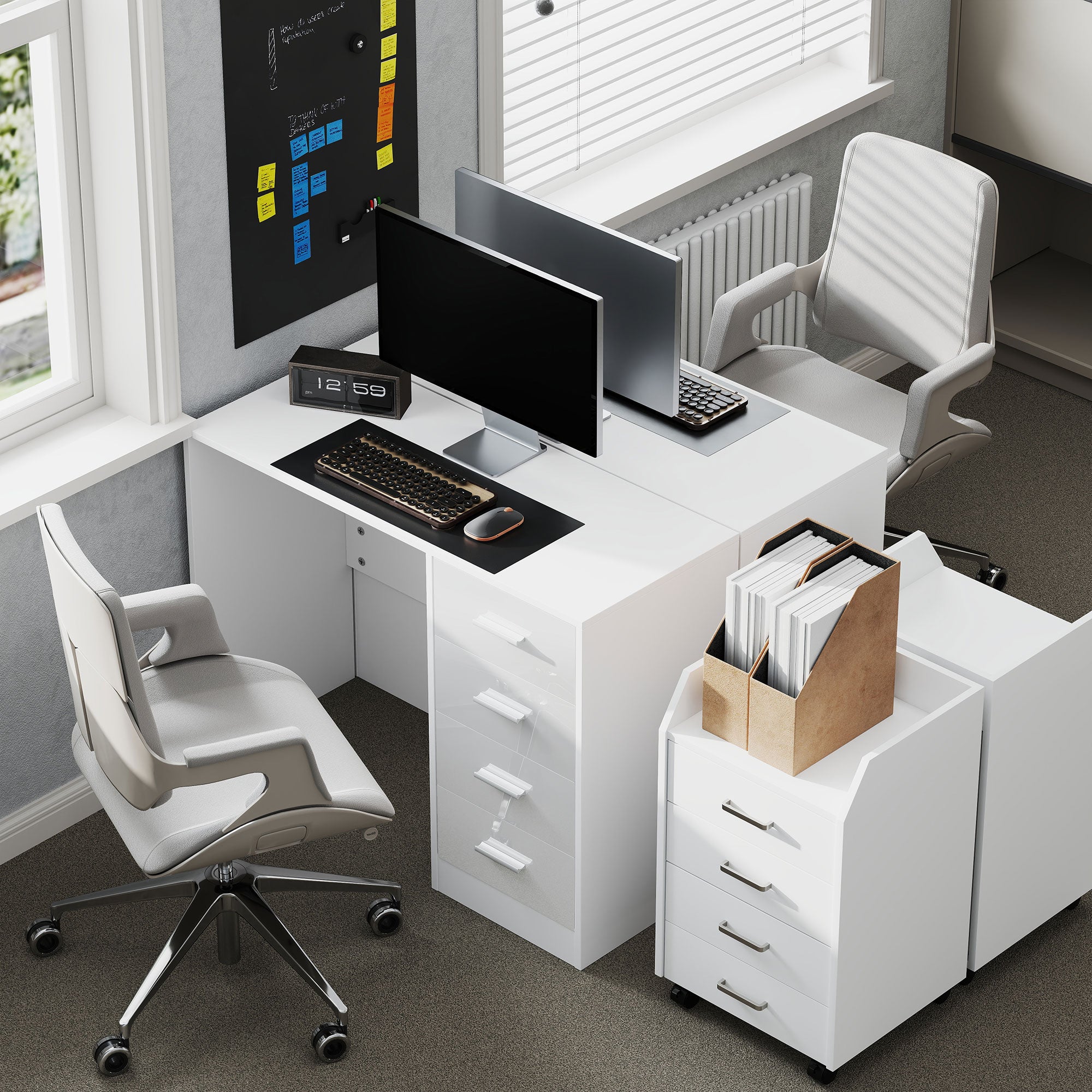 HOMCOM Computer Desk with Drawers, Dressing Table, High Gloss Home Office Writing Workstation, White - anydaydirect